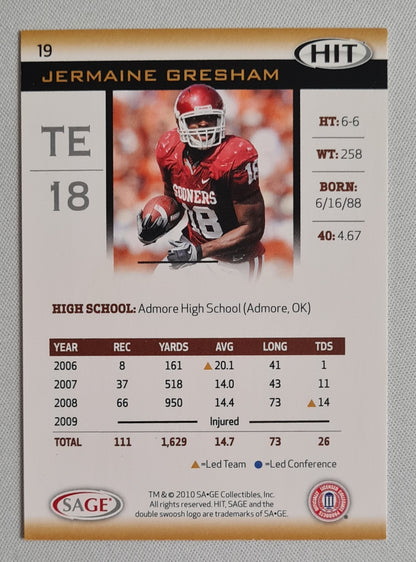 Jermaine Gresham - 2010 Sage HIT University of Oklahoma Sooners #19