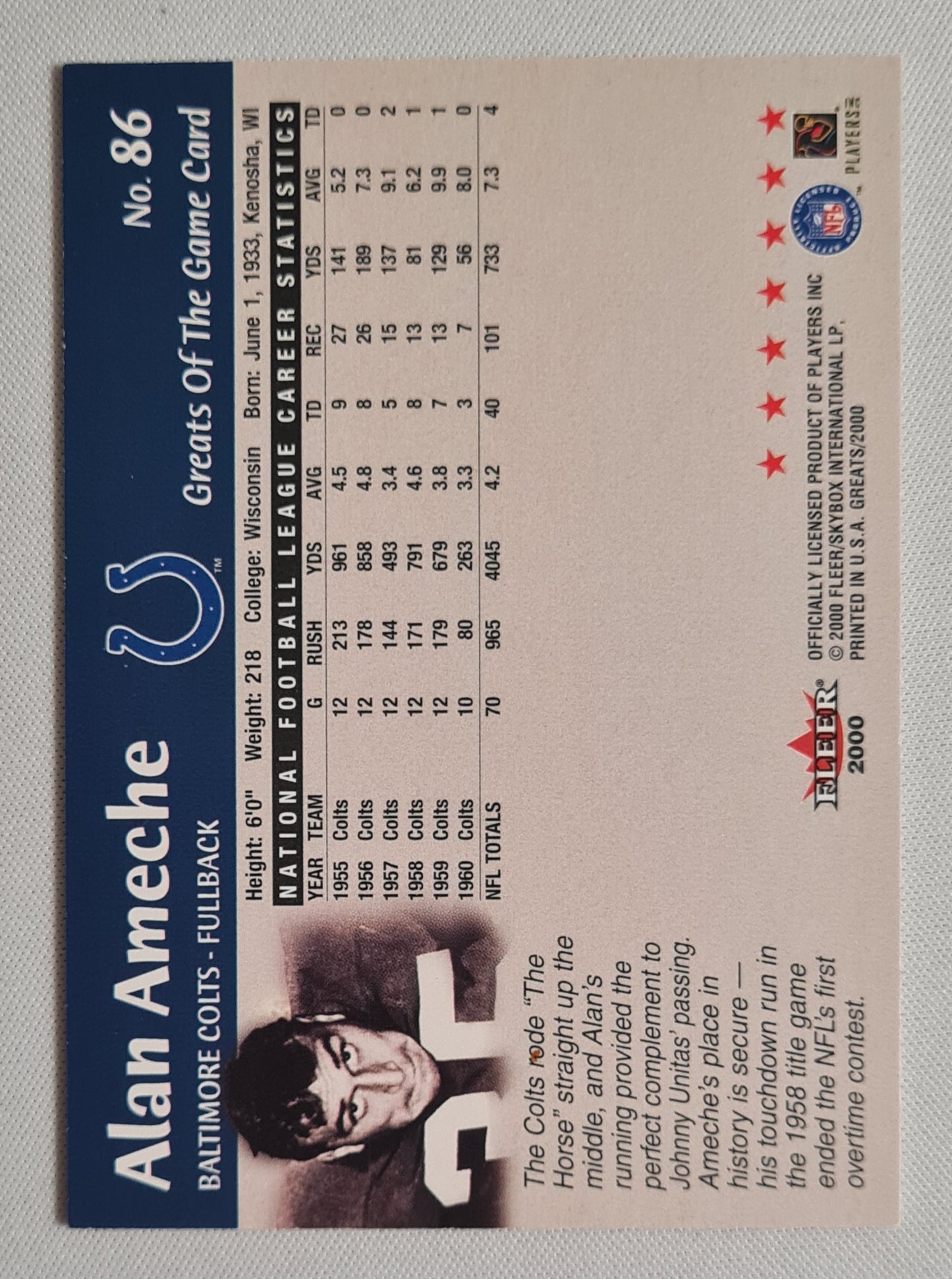 Alan Ameche - 2000 Fleer SkyBox NFL Baltimore Colts - Fullback #86