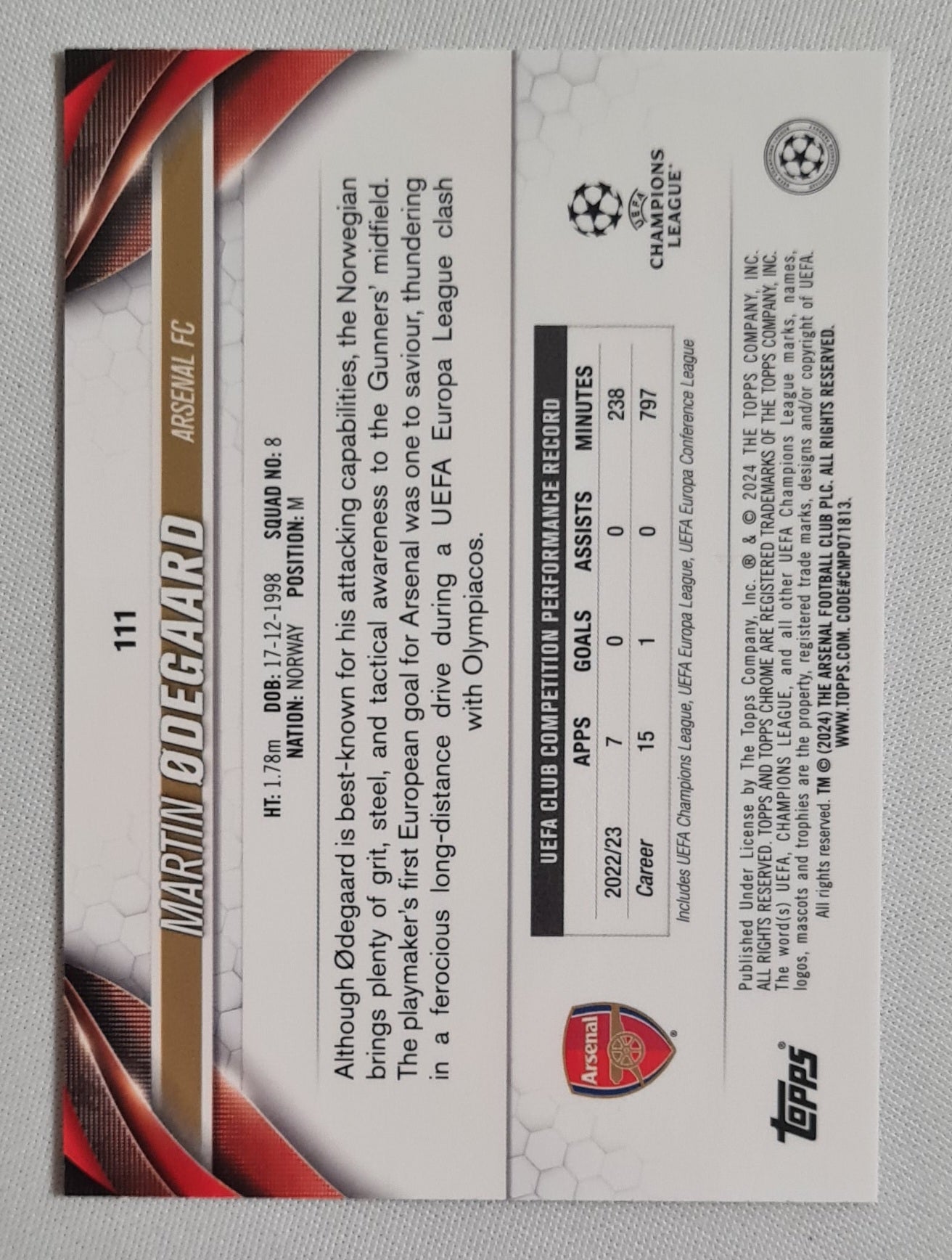 Martin Odegaard - 2024 Topps Chrome Arsenal FC Midfielder (CL) #111 Pink Lava