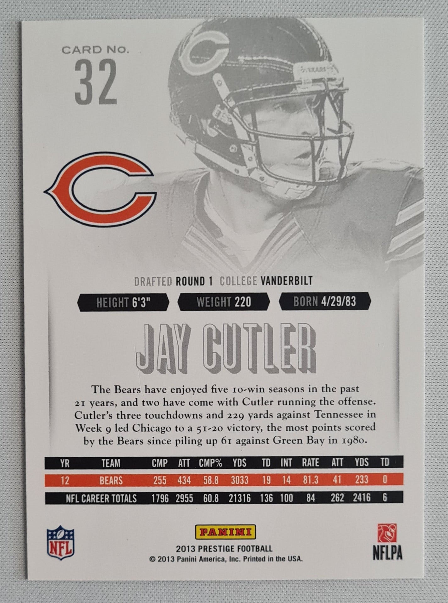 Jay Cutler - 2013 Panini Prestige Football NFL Chicago Bears #32