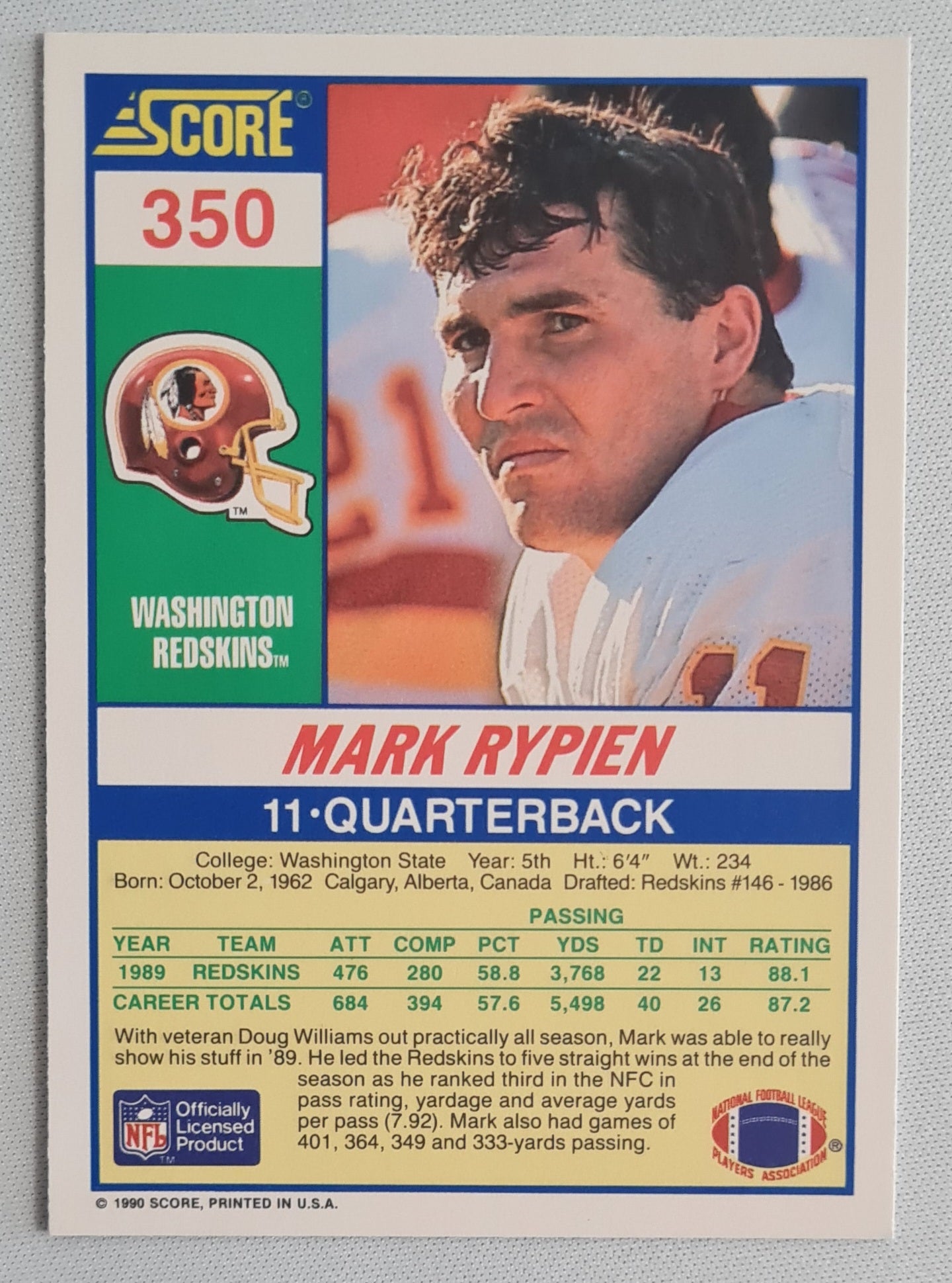 Mark Rypien - 1990 Score NFL Football Washington Redskins #350