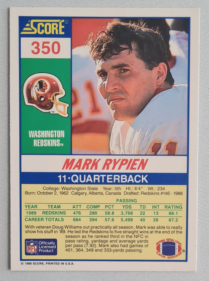 Mark Rypien - 1990 Score NFL Football Washington Redskins #350