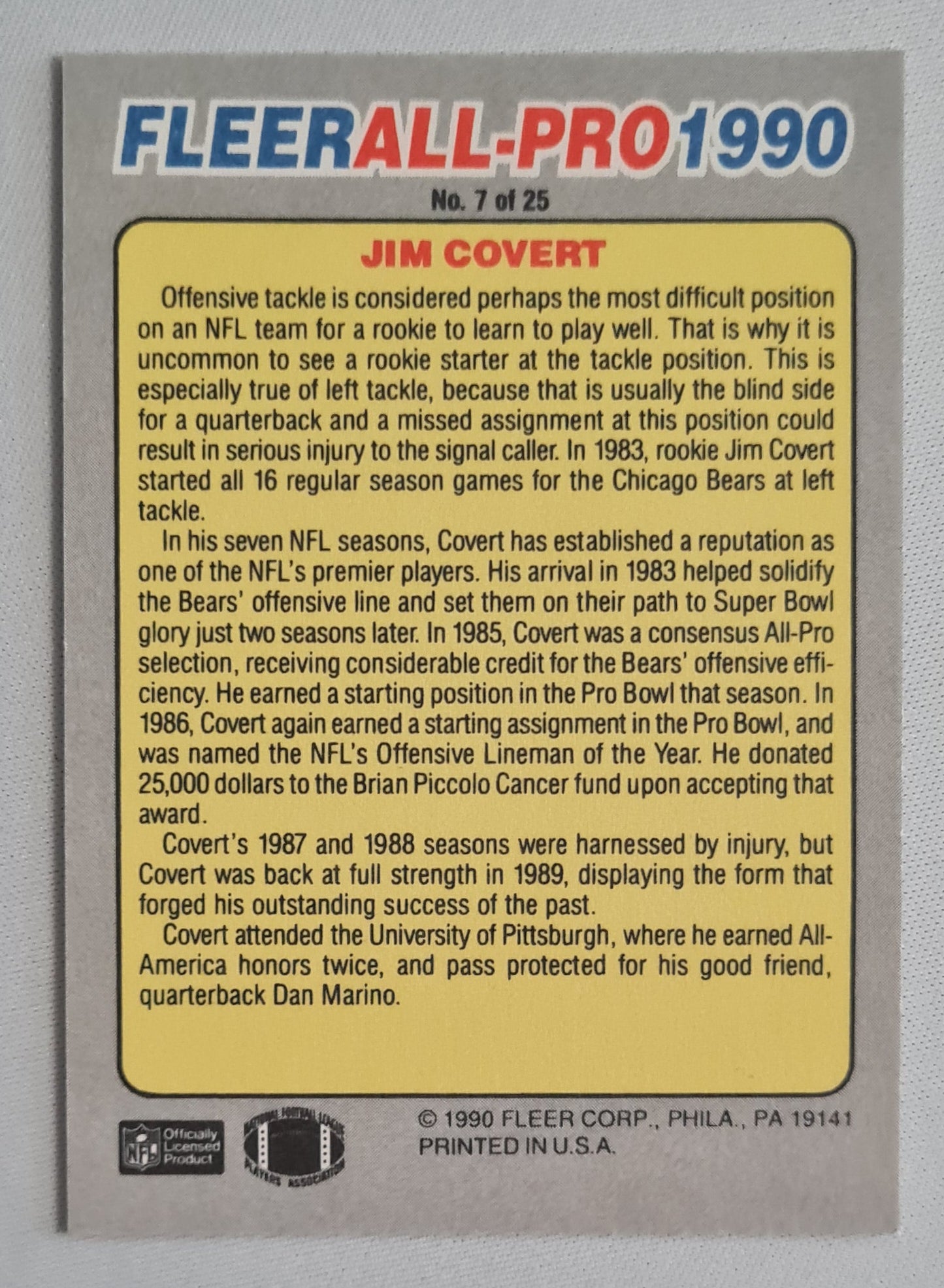 Jim Covert - 1990 Fleer NFL ALL-PRO 1990 NFL Chicago Bears #7 of 25