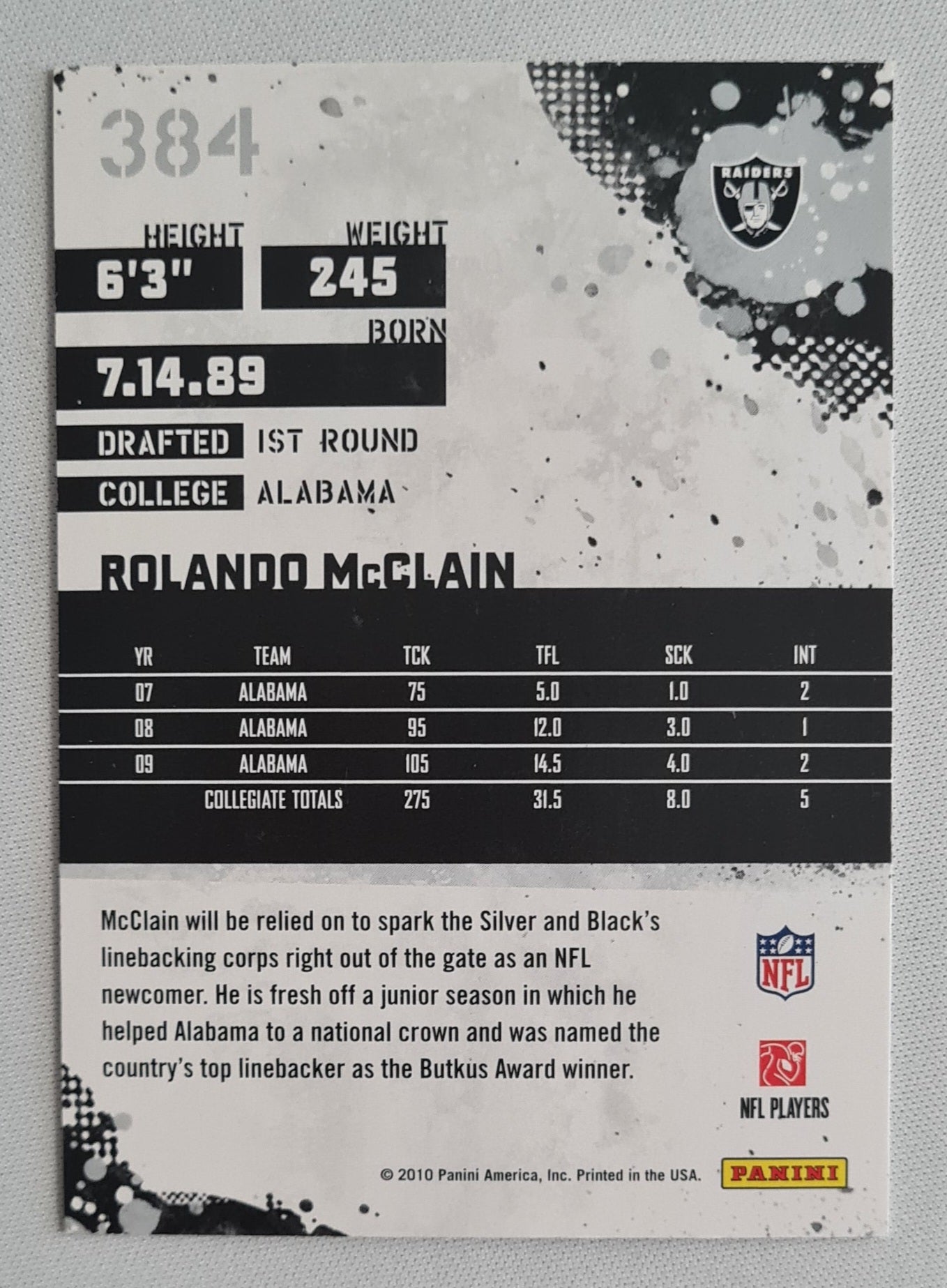 Rolando McClain - 2010 Panini Score Oakland Raiders Rookie #384