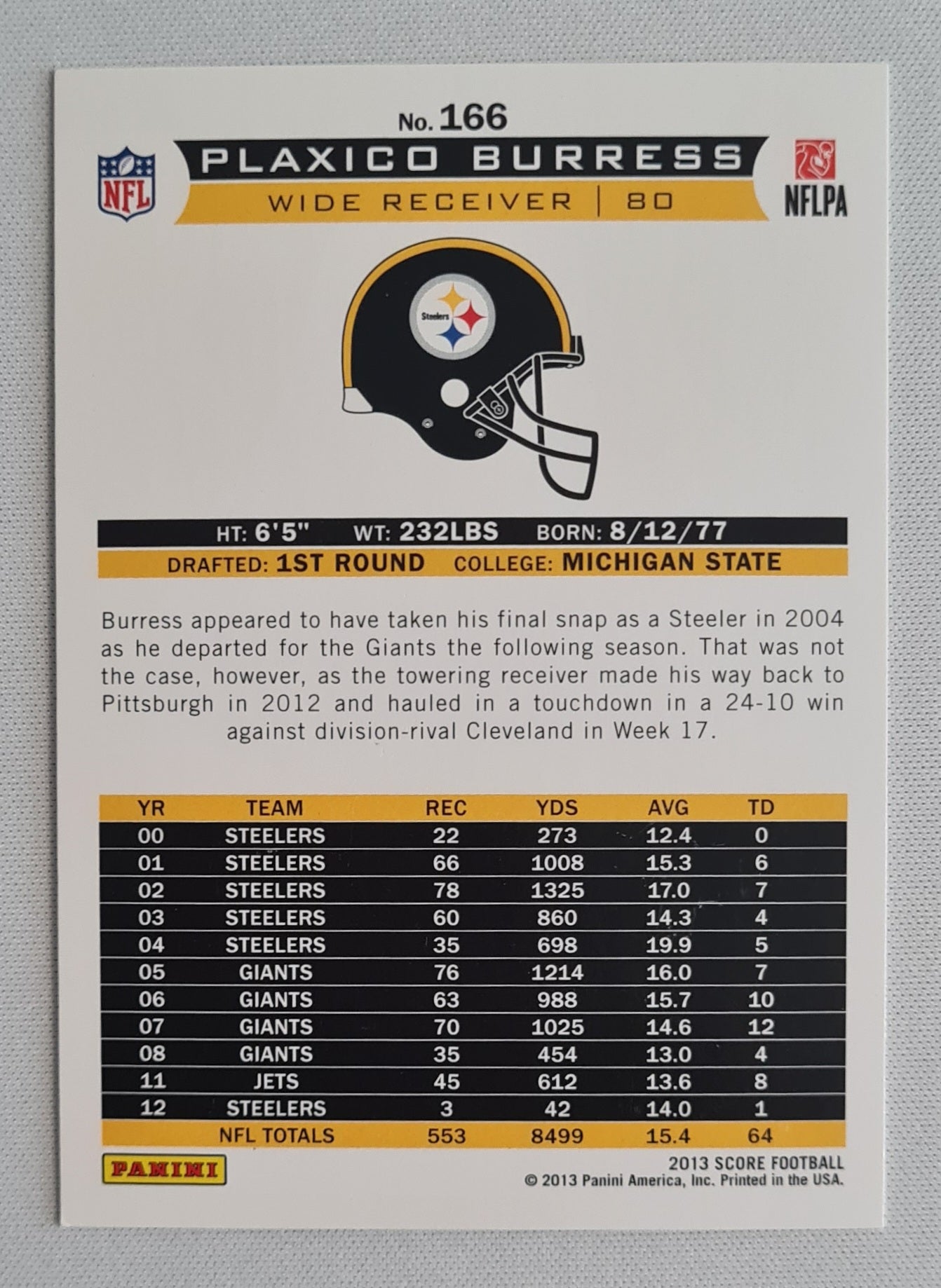 Plaxico Burress - 2013 Panini Score Football NFL Football Pittsburgh Steelers #166