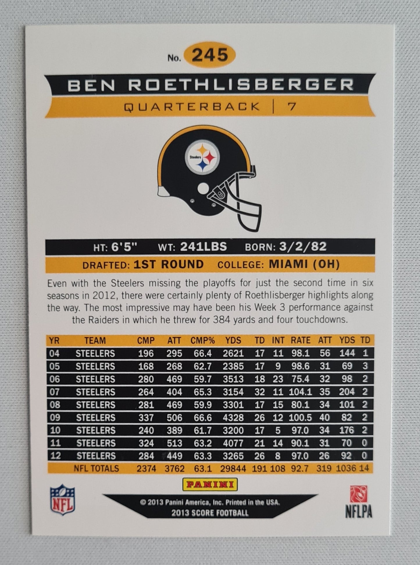 Ben Roethlisberger - 2013 Panini Score Football NFL Football Airmail - Pittsburgh Steelers #245
