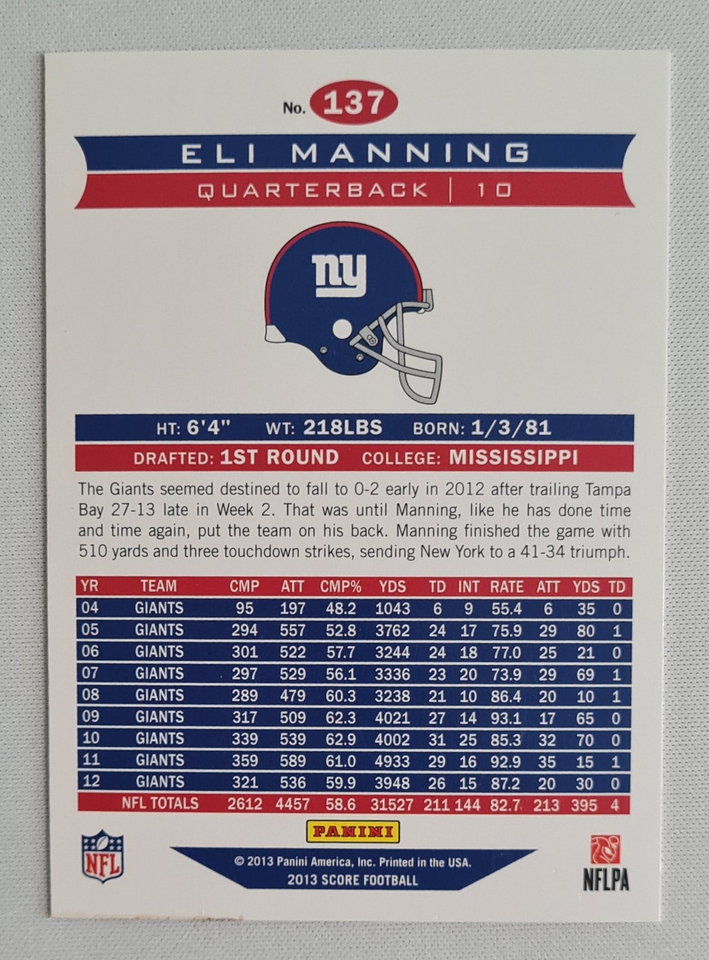 Eli Manning - 2013 Panini Score Football NFL NY Giants #137