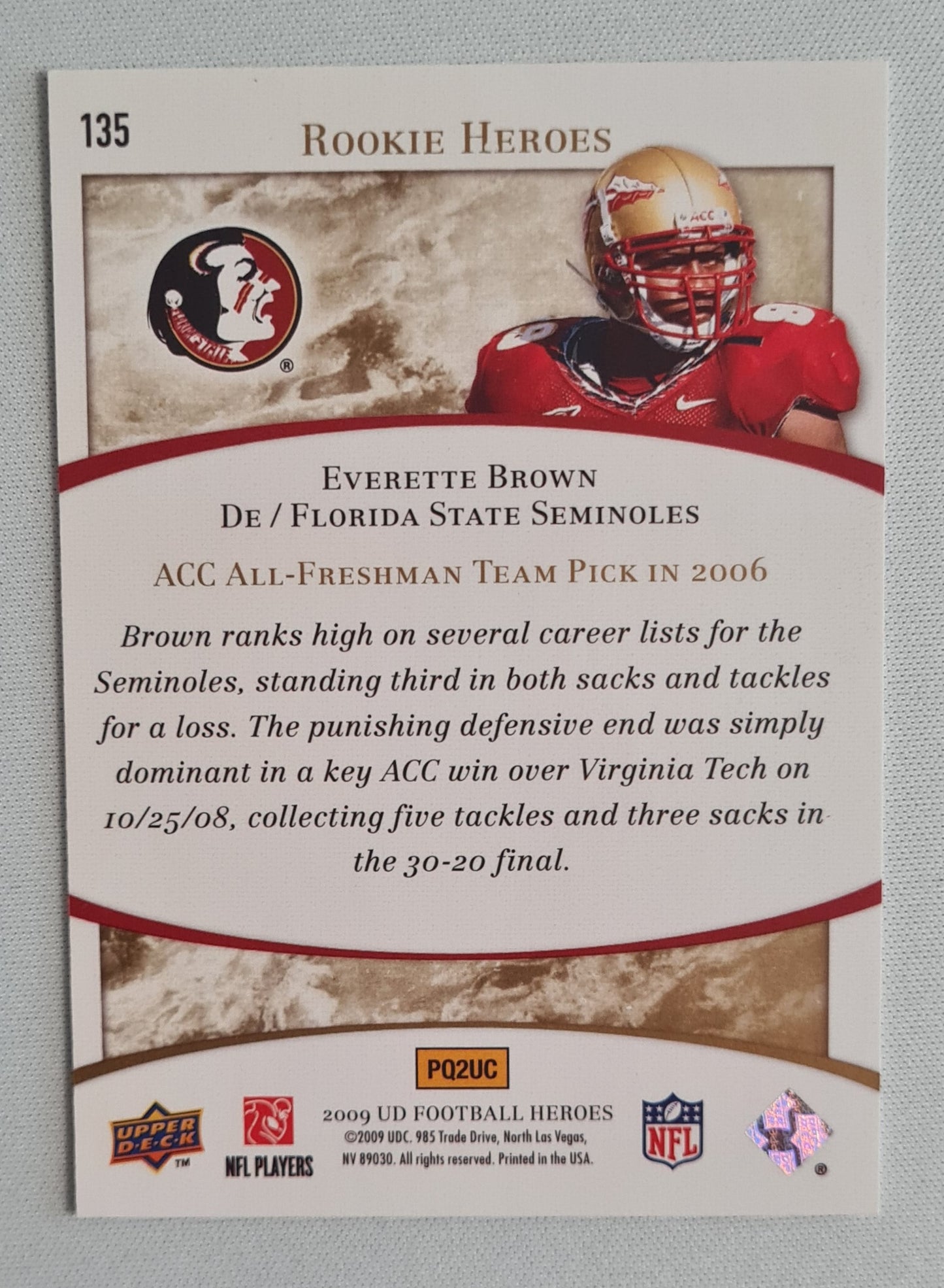 Everette Brown - 2009 Upper Deck Football Rookie Heroes Florida State Seminoles #135