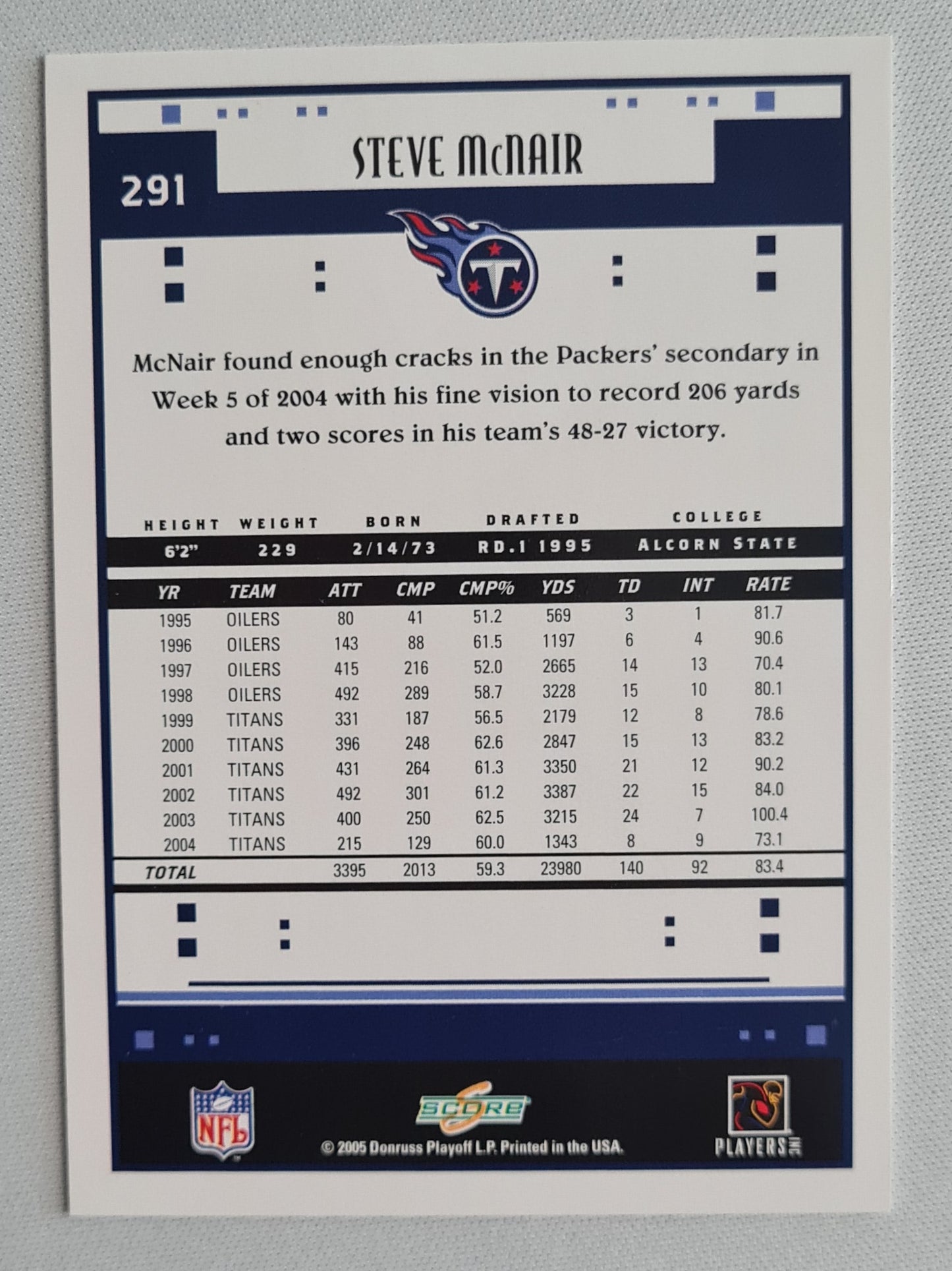 Steve McNair - 2005 Donruss Score Playoff NFL Football Tennessee Titans QB #291