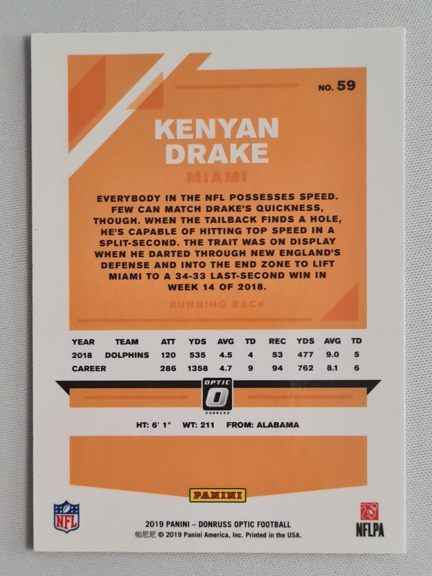 Kenyan Drake - 2019 Panini Donruss Optic Football NFL Miami Dolphins #59