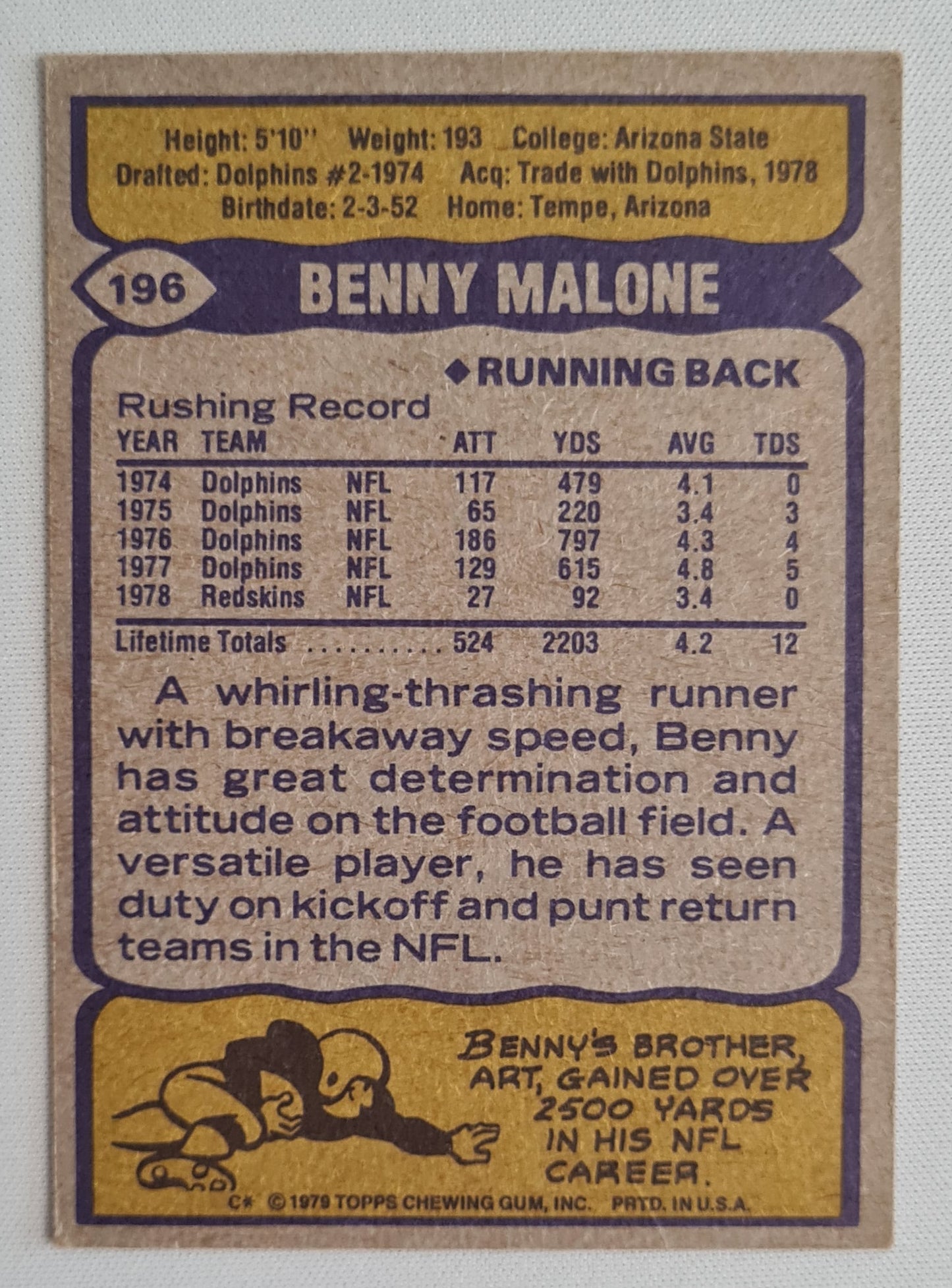 Benny Malone - 1979 Topps Chewing Gum Card NFL Football Washington Redskins RB #196