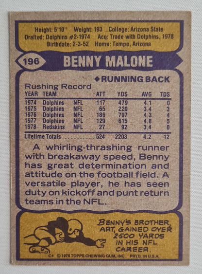 Benny Malone - 1979 Topps Chewing Gum Card NFL Football Washington Redskins RB #196