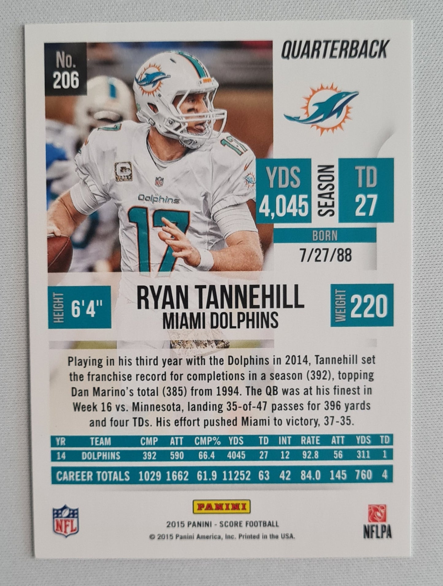 Ryan Tannehill - 2015 Panini Score Football NFL Miami Dolphins #206