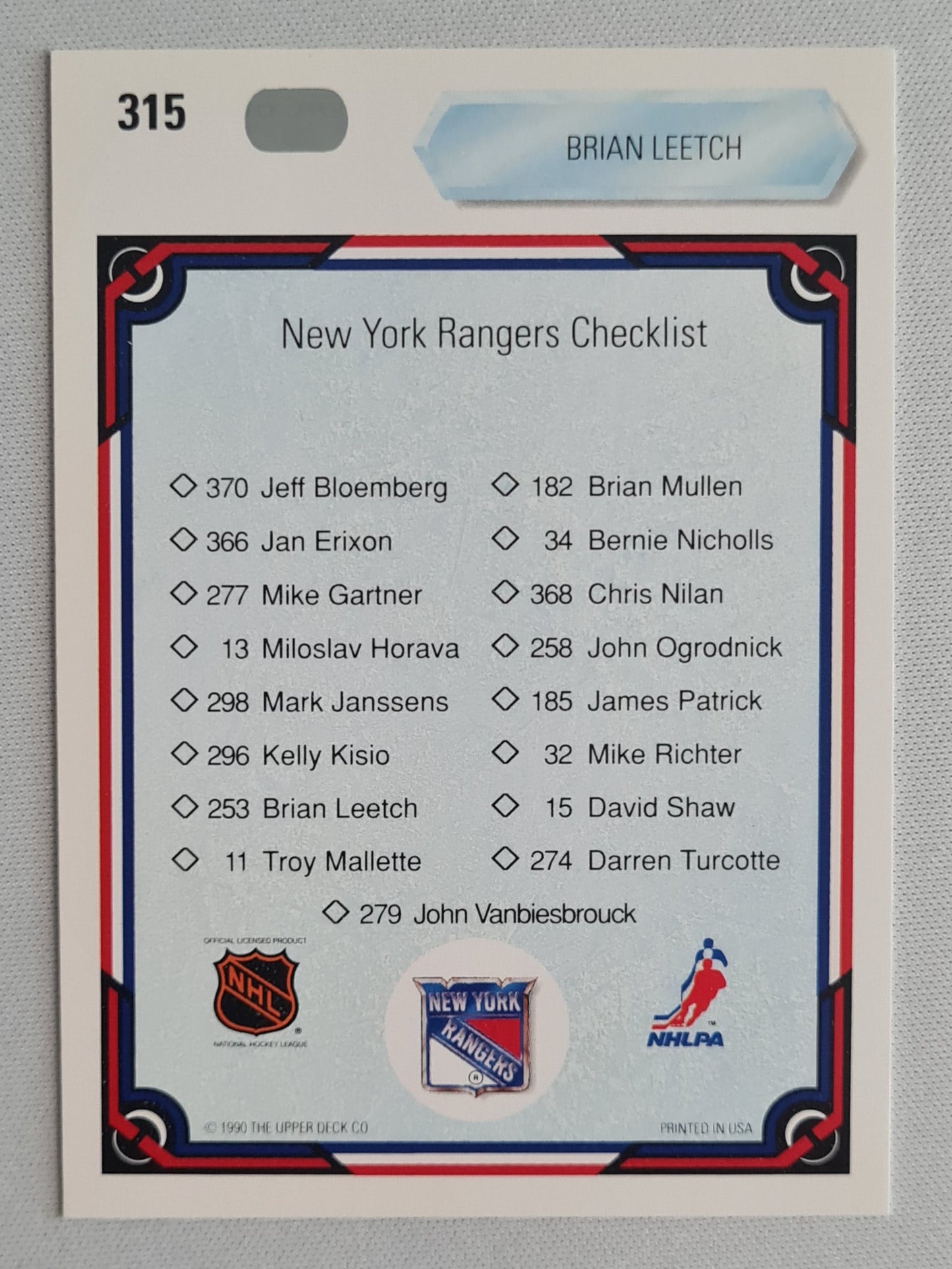 Brian Leetch - 1990 Upper Deck NHL Ice Hockey NY Rangers #315