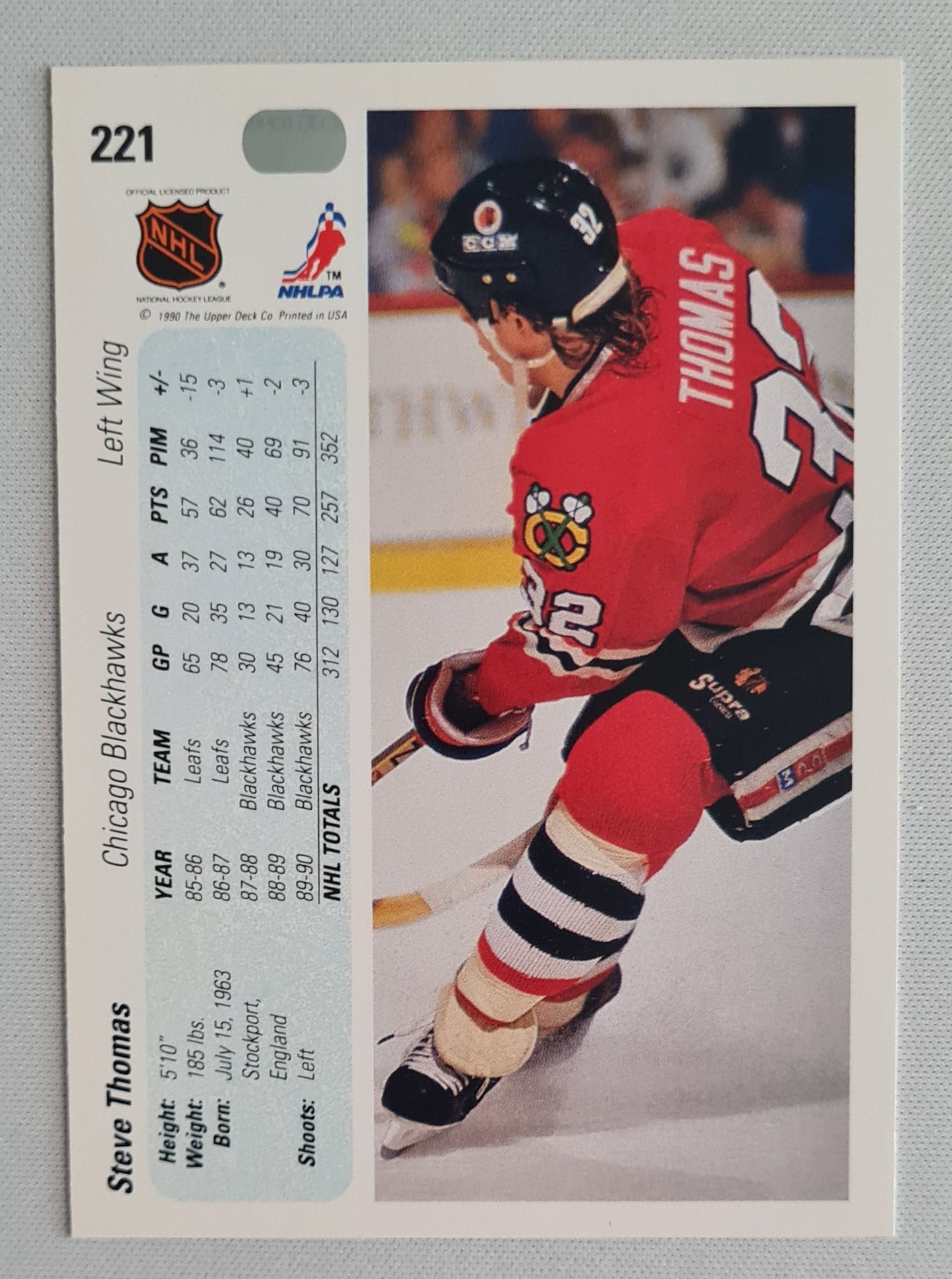 Steve Thomas - 1990 Upper Deck NHL Ice Hockey Chicago Blackhawks #221