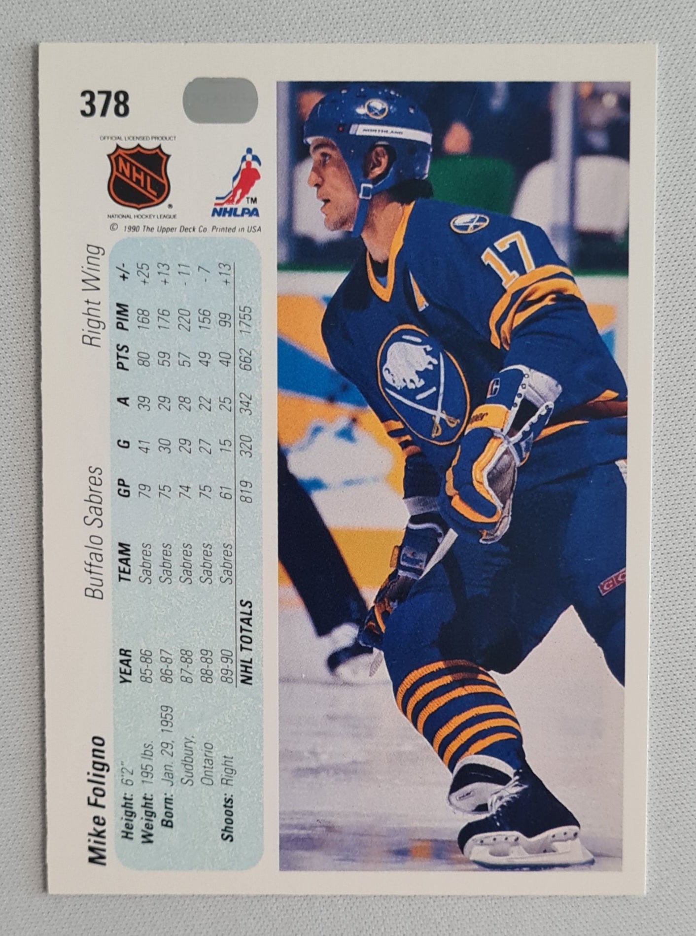 Mike Foligno - 1990 Upper Deck NHL Ice Hockey Buffalo Sabers #378