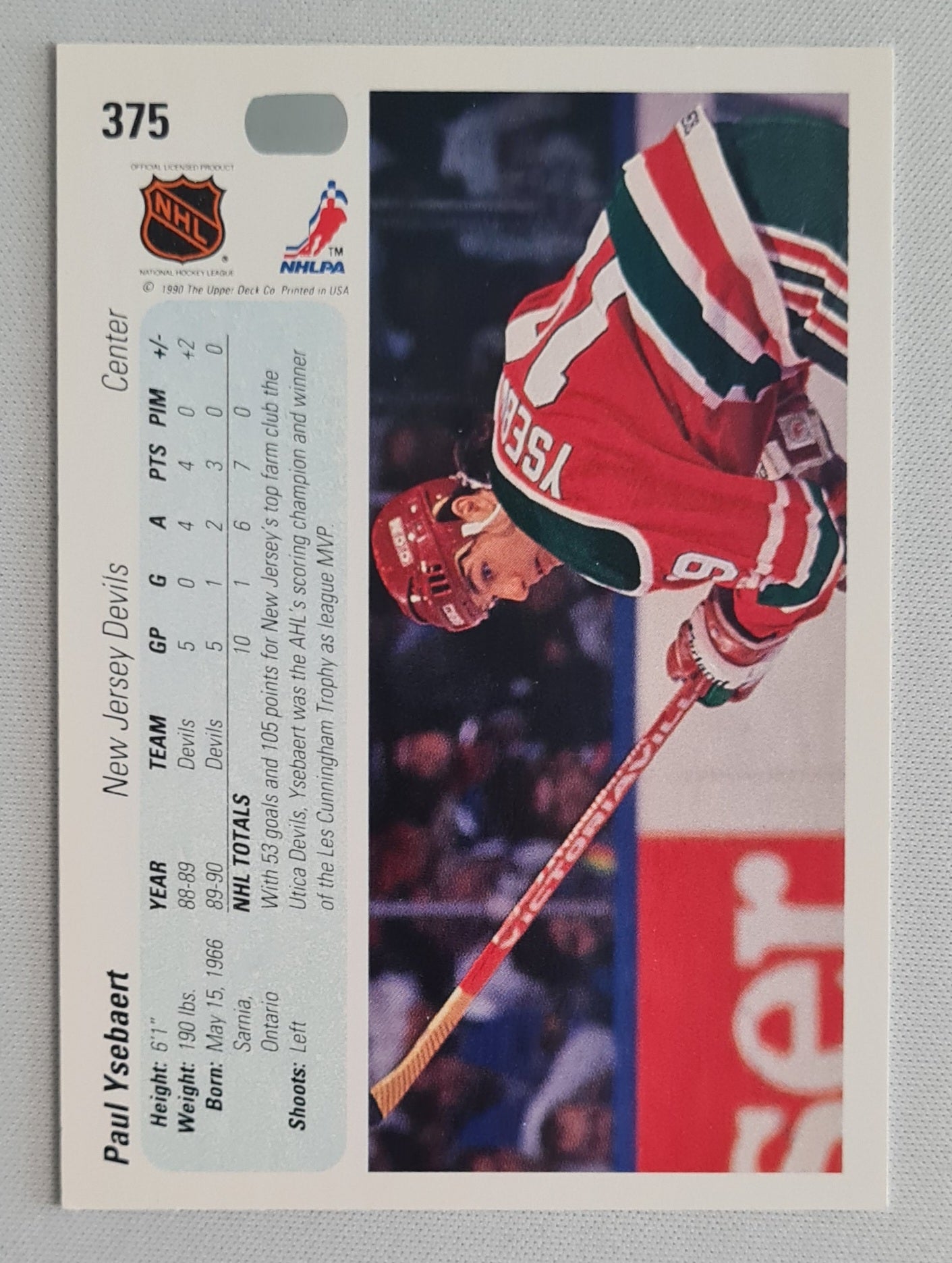 Paul Ysebaert - 1990 Upper Deck NHL Ice Hockey New Jersey Devils #375
