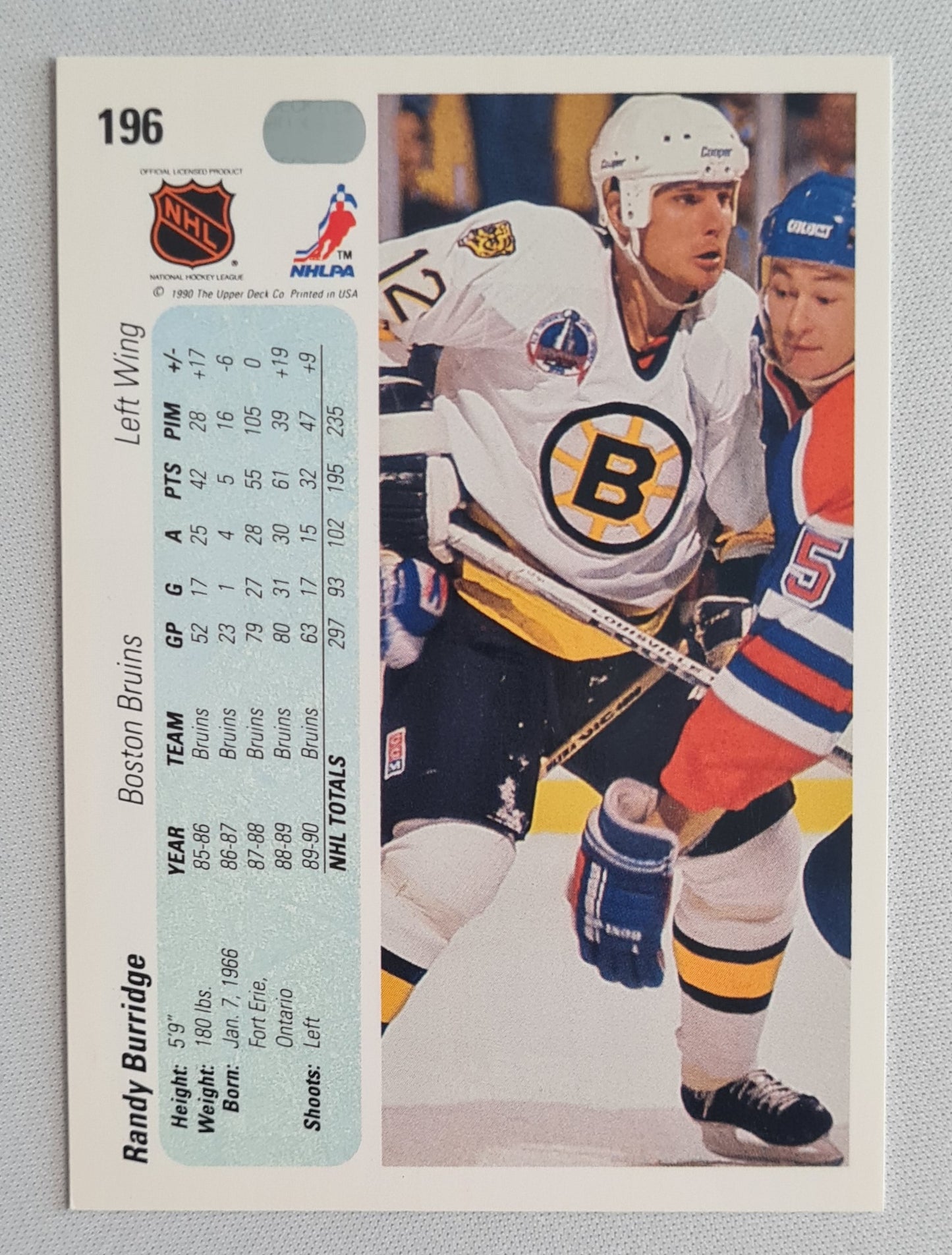 Randy Burridge - 1990 Upper Deck NHL Ice Hockey Boston Bruins #196