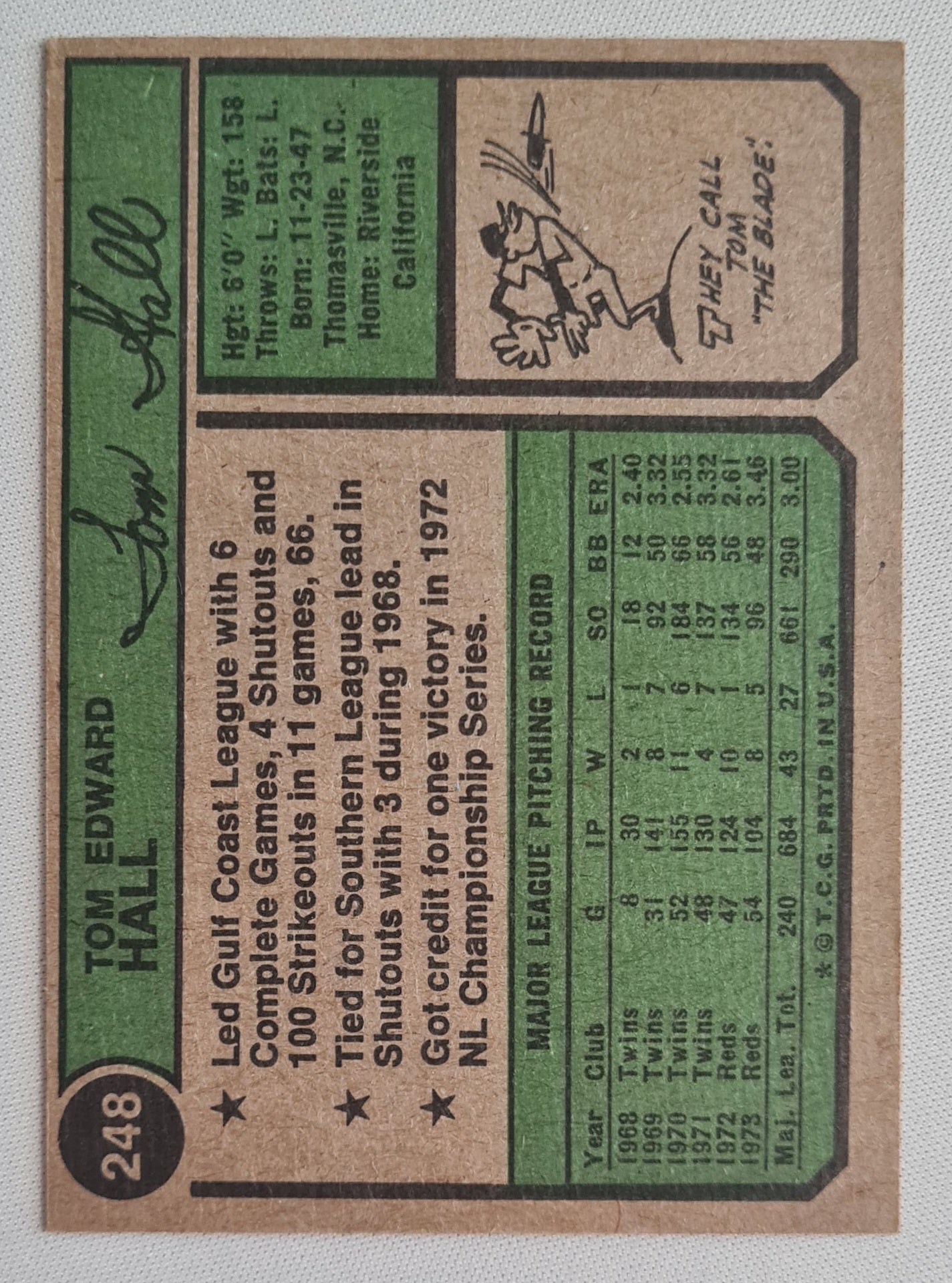 Tom Edward Hall - 1974 TCG prtd. MLB Cincinnati Reds Pitcher #248