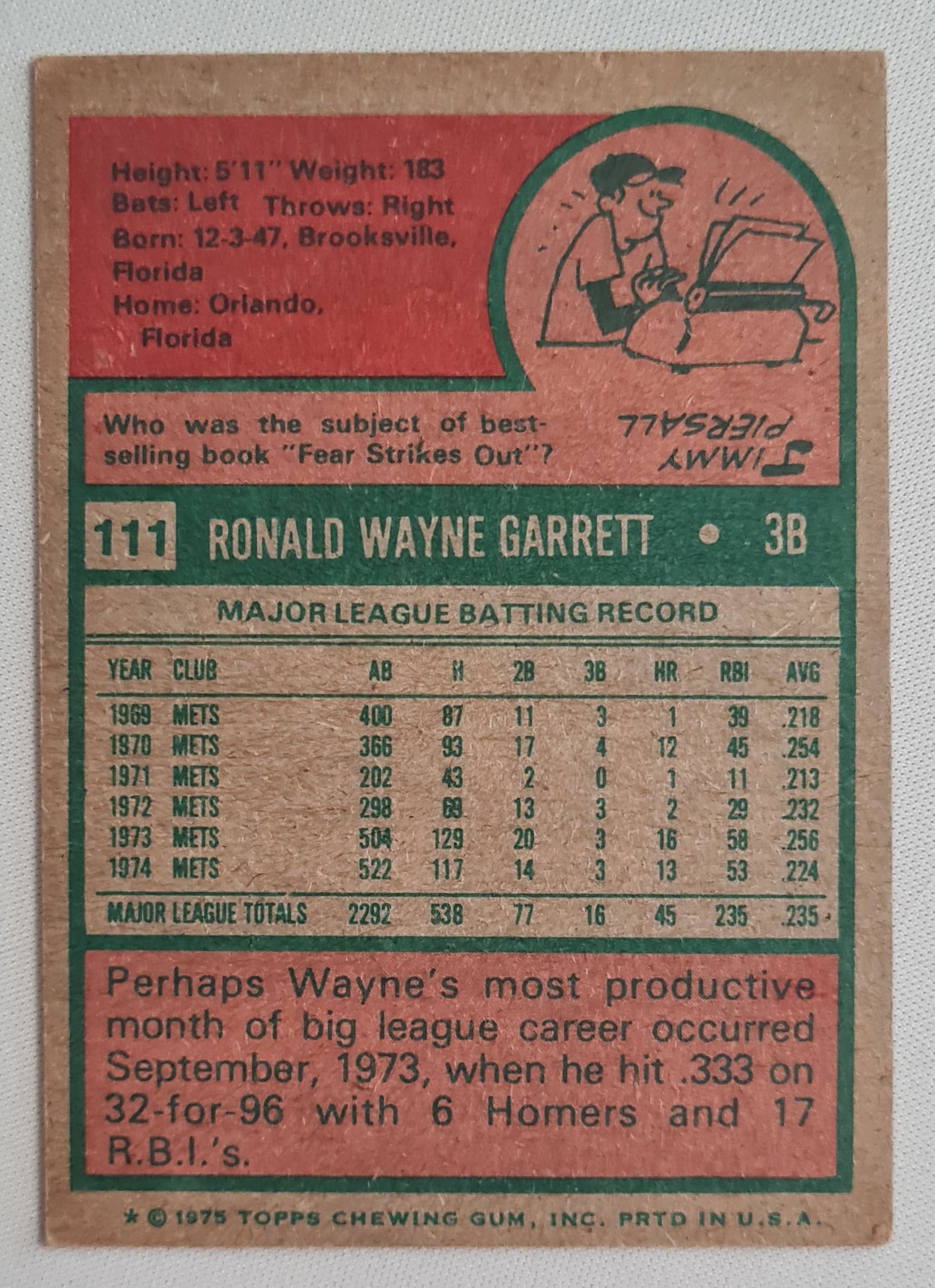 Wayne Garrett - 1975 Topps "Chewing Gum" MLB NY Mets #111