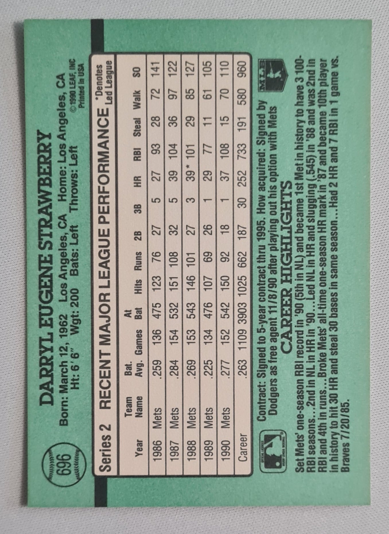 Darryl Eugene Strawberry - 1990 Donruss Leaf MLB Baseball L.A Dodgers Outfielder #696