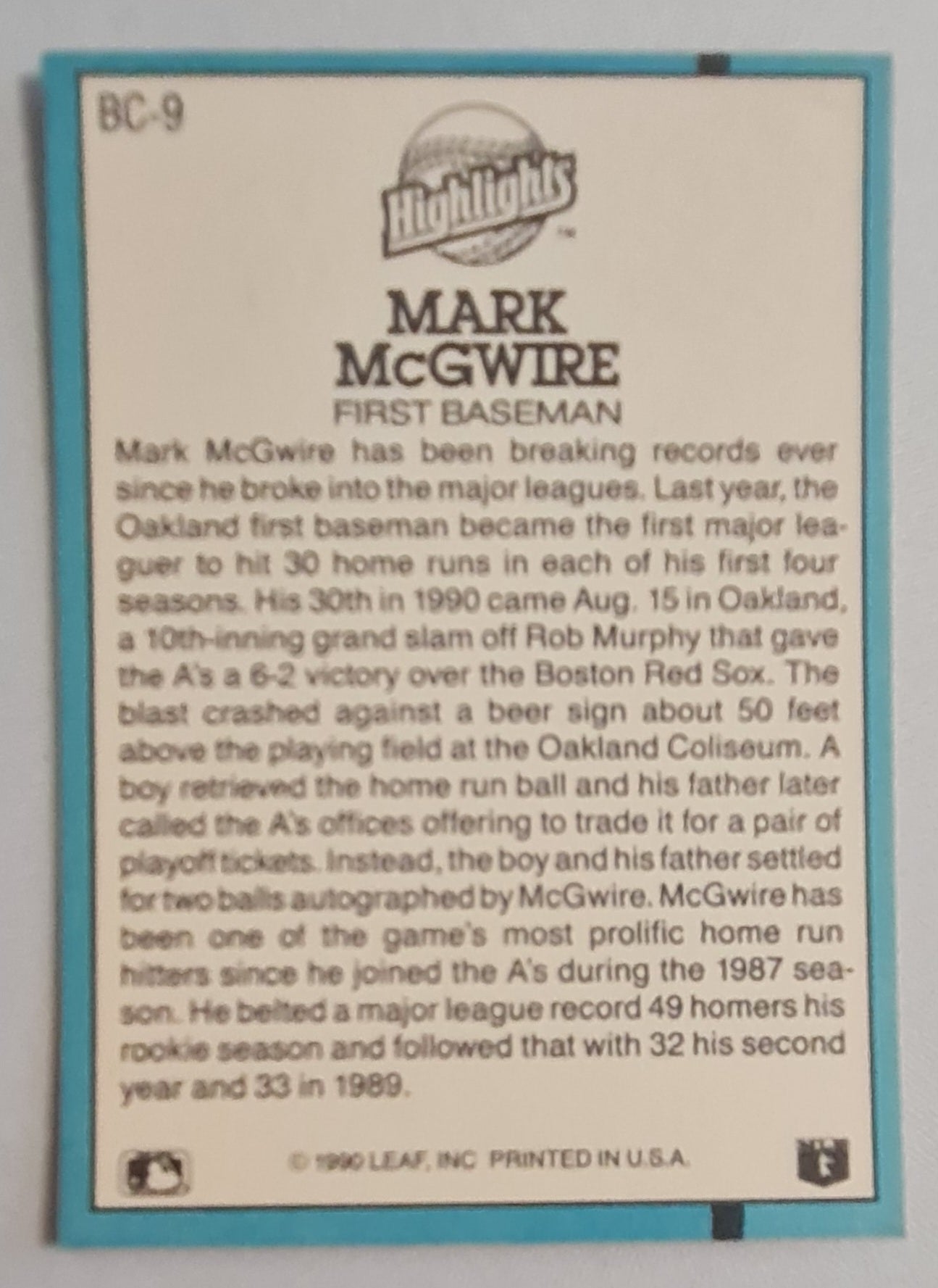Mark McGwire - 1990 Leaf Home Run Milestone - Highlights - MLB A's #BC-9
