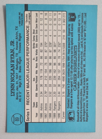 Nolan Ryan - 1990 Donruss Leaf MLB Baseball Texas Rangers #89 HOF