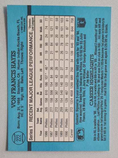 Von Francis Hayes - 1990 Donruss Leaf MLB Baseball Phillies #222