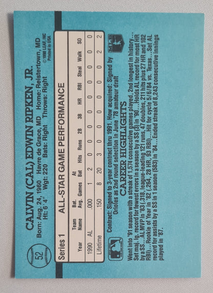 Cal Ripken Jr. - 1990 Donruss Leaf MLB Baseball Baltimore Orioles #52 //Error Card//