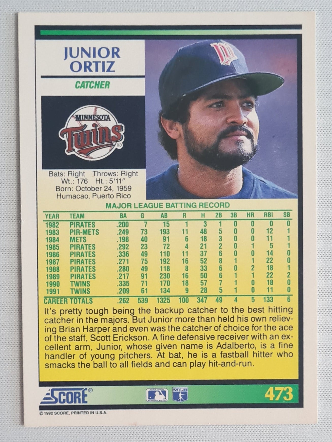 Junior Ortiz - 1992 Score MLB Baseball Minnesota Twins #473