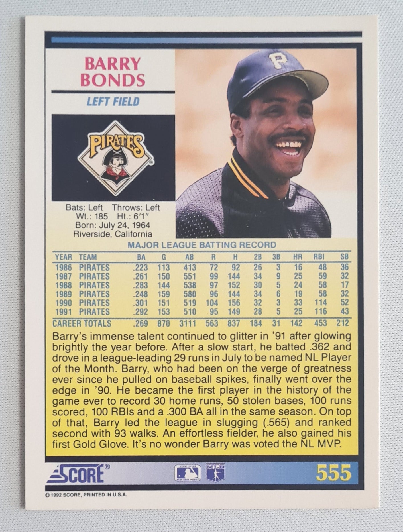 Barry Bonds - 1992 Score MLB Baseball Pittsburgh Pirates  #555