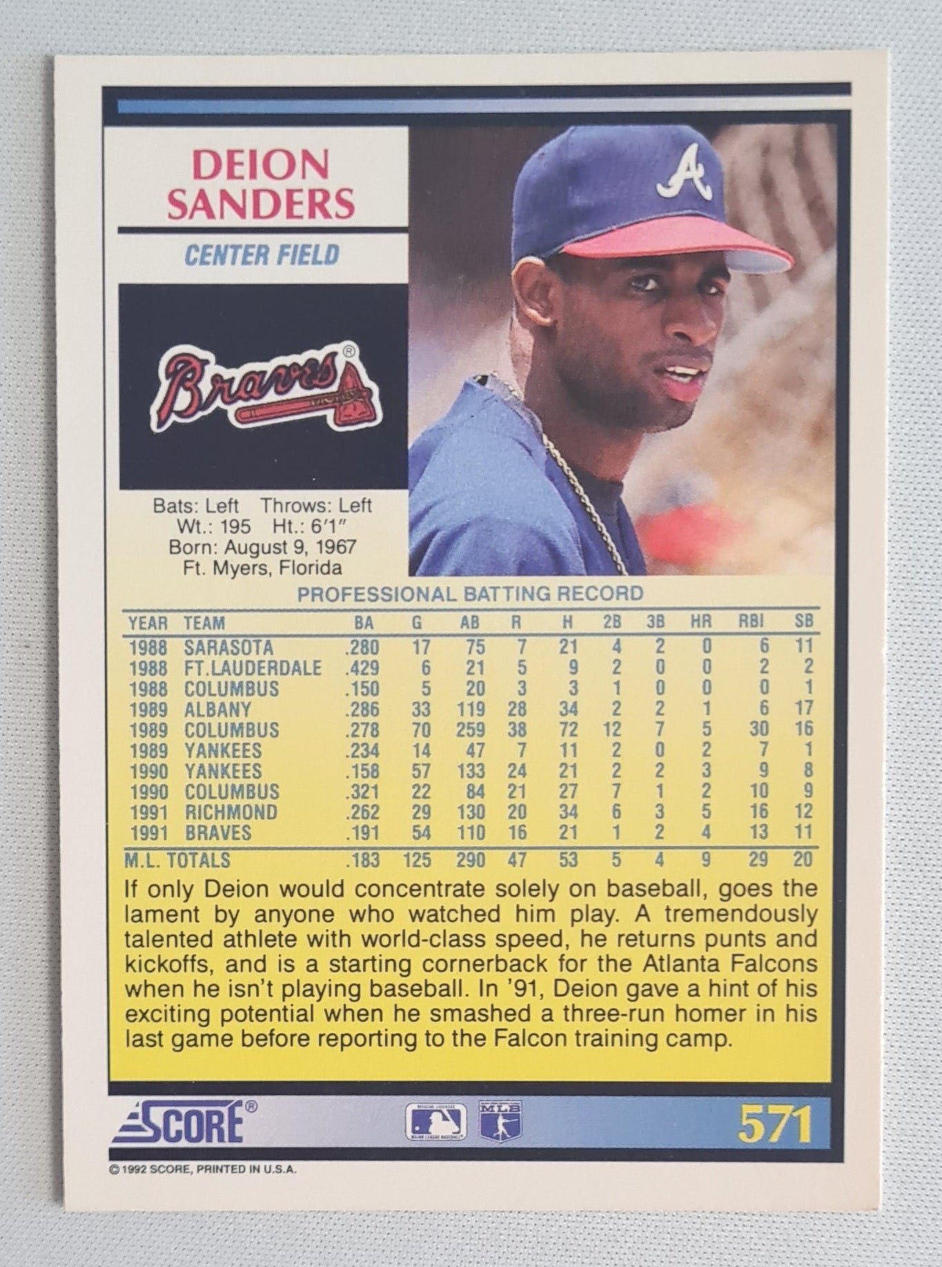 Deion Sanders - 1992 Score MLB Baseball Atlanta Braves  #571