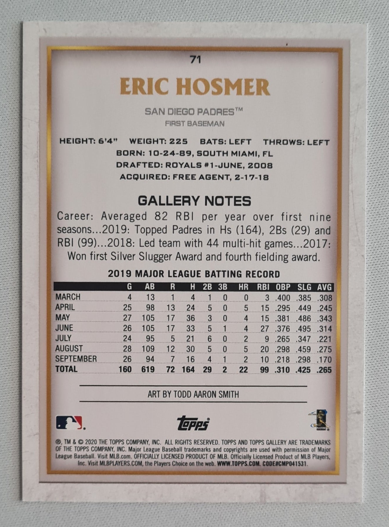 Eric Hosmer - 2020 Topps Gallery MLB Baseball San Diego Padres #71