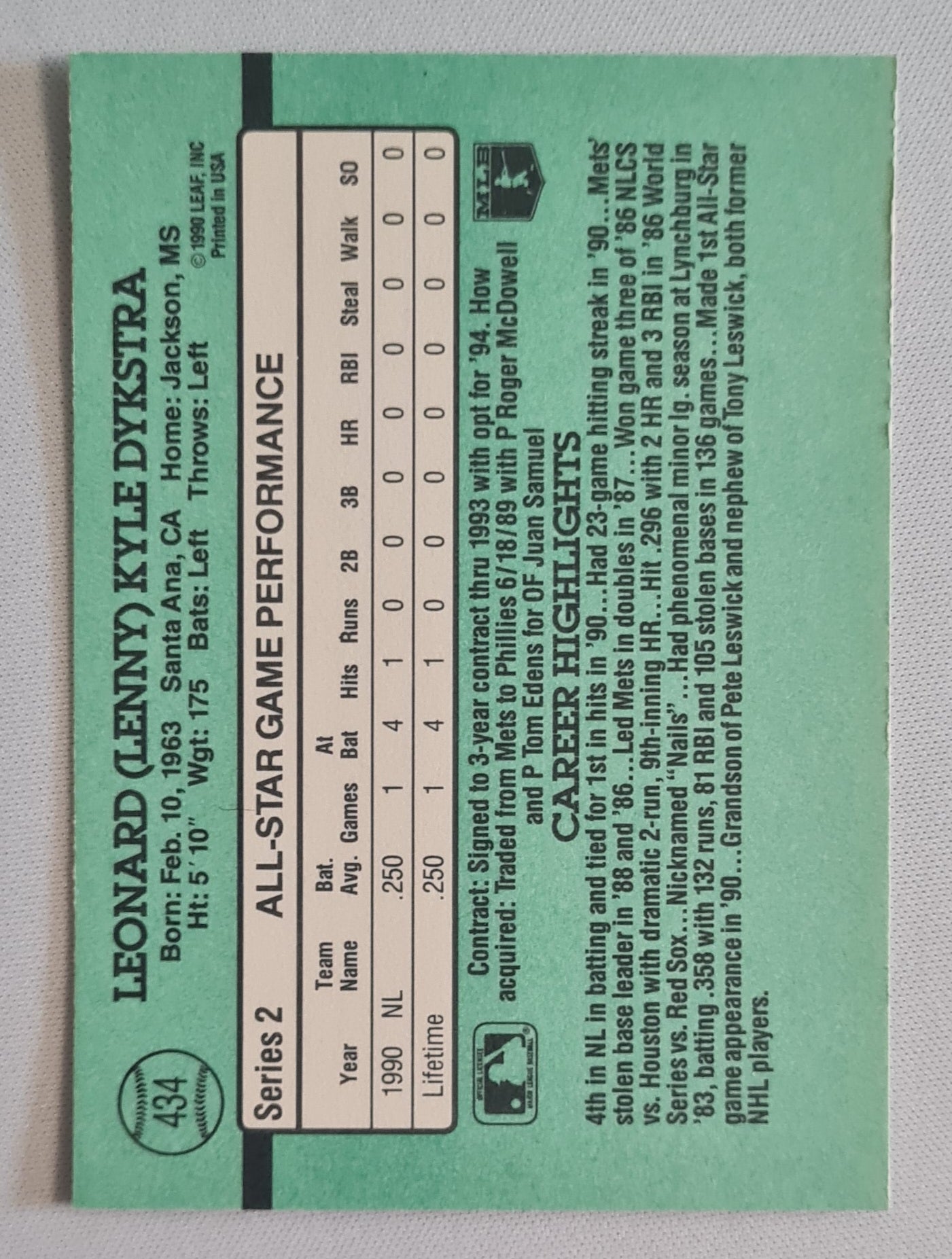 Len Dykstra - 1990 Donruss Leaf MLB Baseball Phillies #434