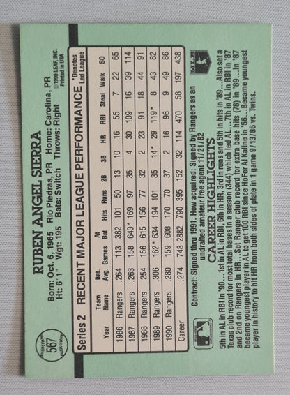 Ruben Sierra - 1990 Donruss Leaf MLB Baseball Texas Rangers #567