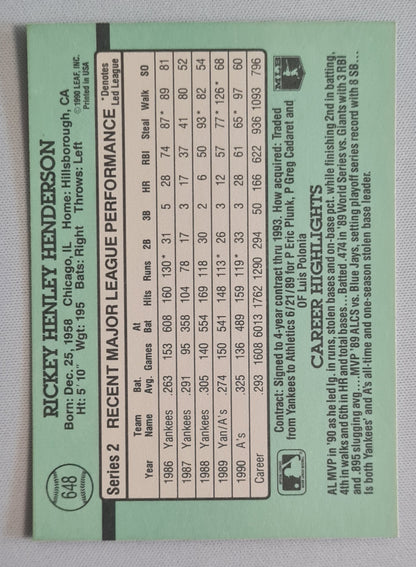 Rickey Henderson - 1990 Donruss Leaf MLB Baseball Oakland Athletics #648