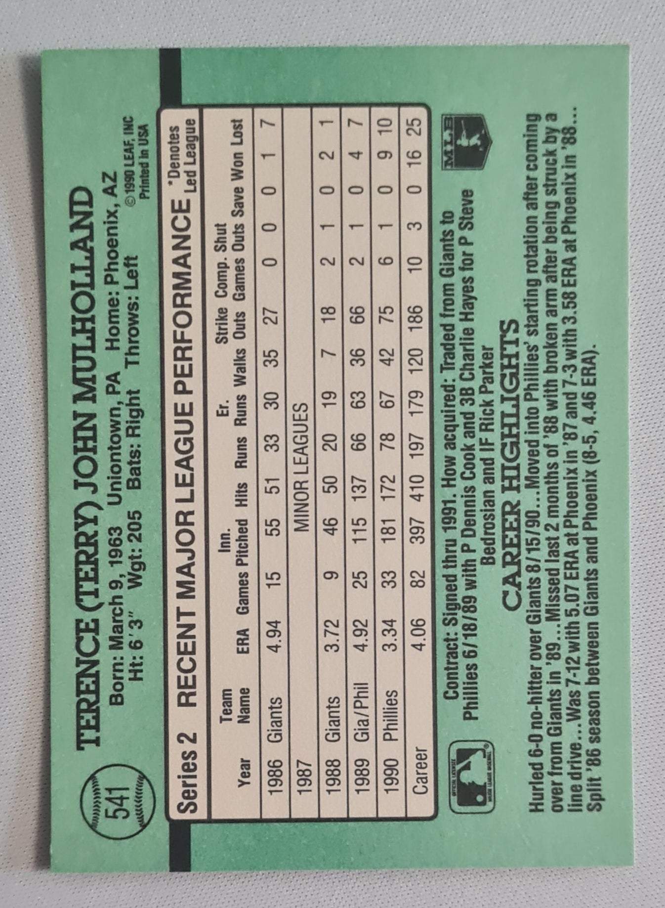 Terence Mulholland - 1990 Donruss Leaf MLB Baseball Philadelphia Phillies #541