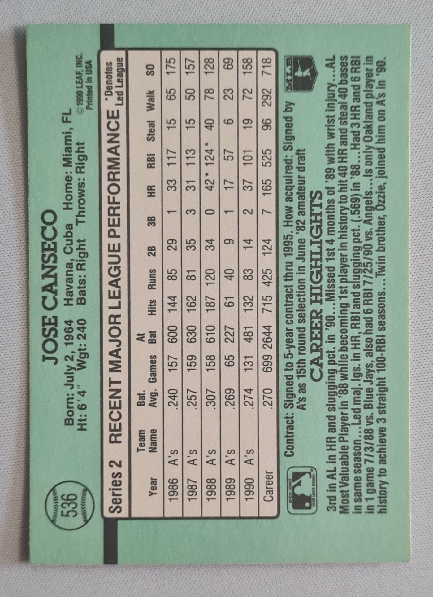 Jose Canseco - 1990 Donruss Leaf MLB Baseball Oakland Athletics #536