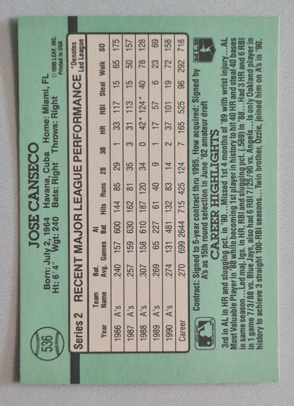 Jose Canseco - 1990 Donruss Leaf MLB Baseball Oakland Athletics #536