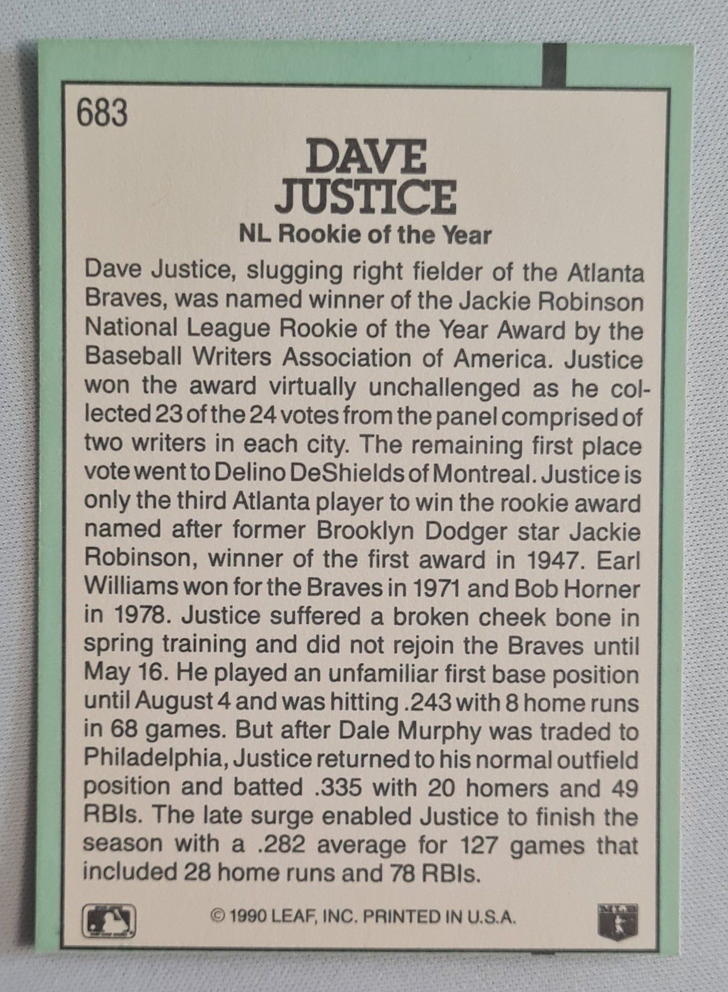 Dave Justice - 1990 Donruss Leaf MLB Baseball Atlanta Braves NL ROOKIE OF THE YEAR CARD #683