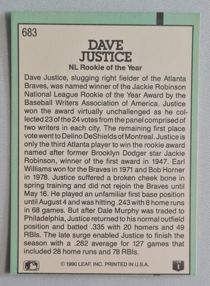 Dave Justice - 1990 Donruss Leaf MLB Baseball Atlanta Braves NL ROOKIE OF THE YEAR CARD #683