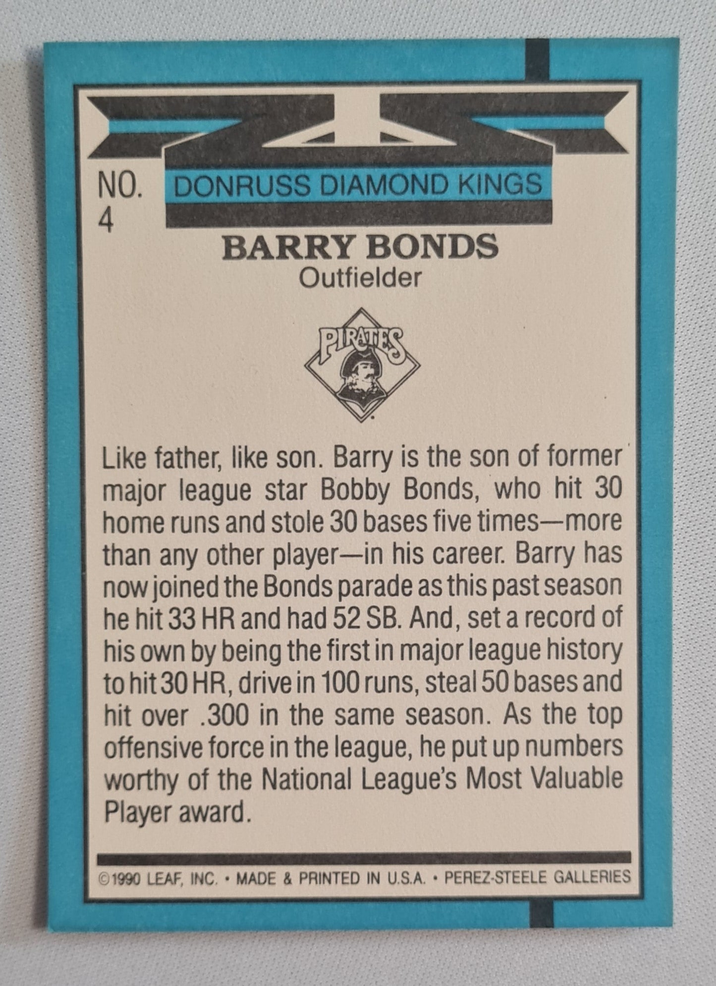 Barry Bonds - 1990 Donruss Leaf Diamond Kings MLB Baseball Pittsburgh Pirates #4