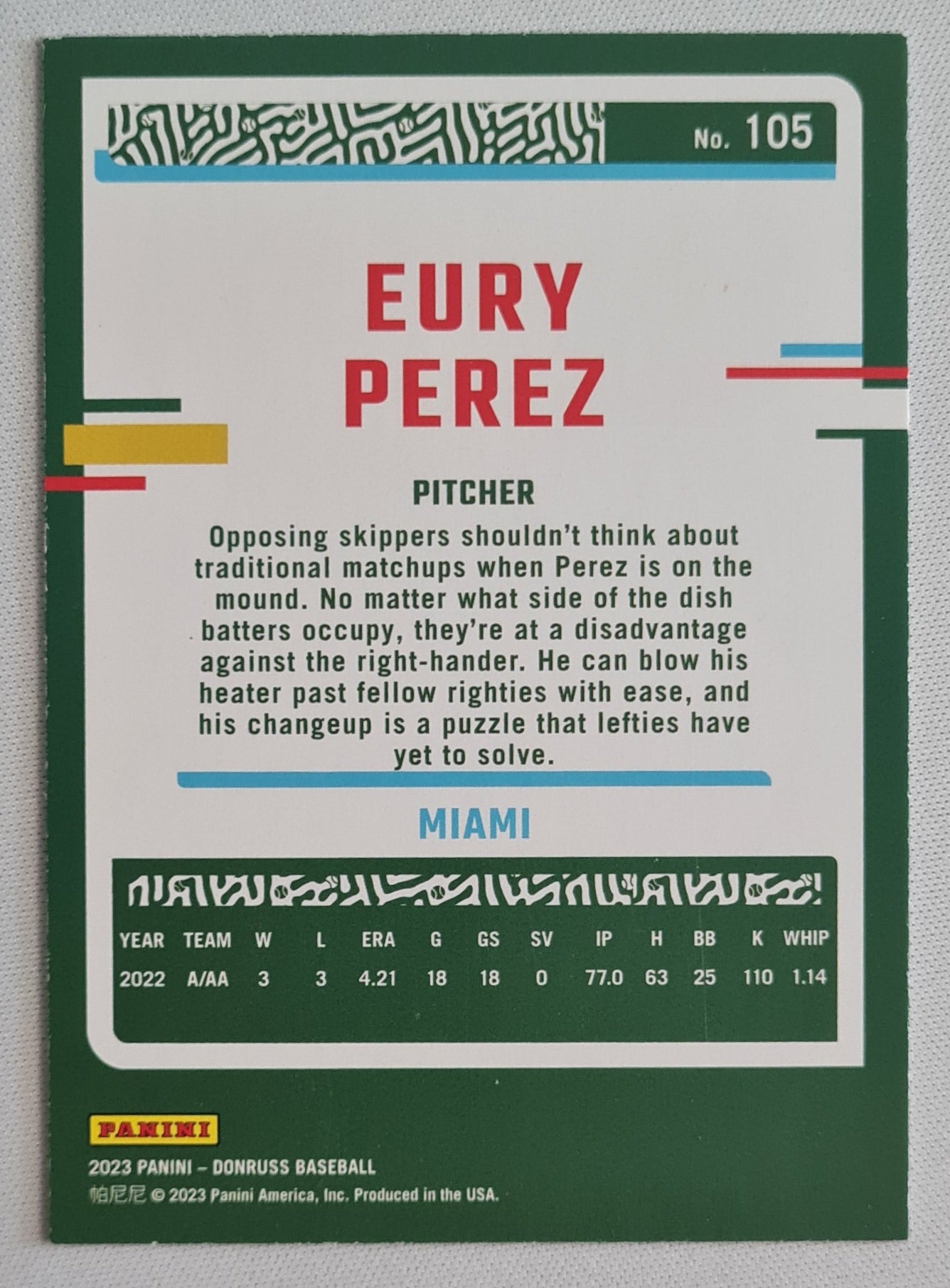 Eury Perez - 2023 Panini Donruss Baseball MLB Miami #105 Blue Holo Parallel