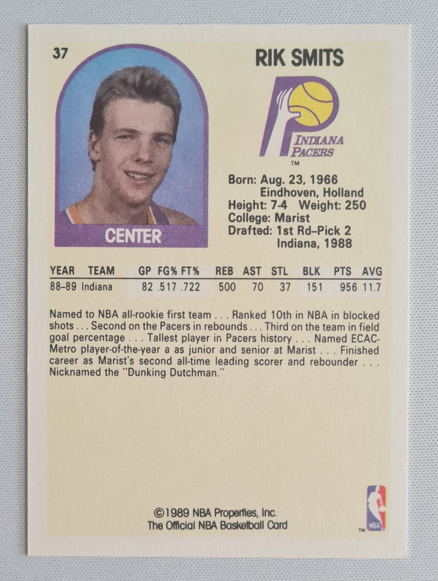 Rik Smits - 1989 NBA Hoops Rookie Card Indiana Pacers #37