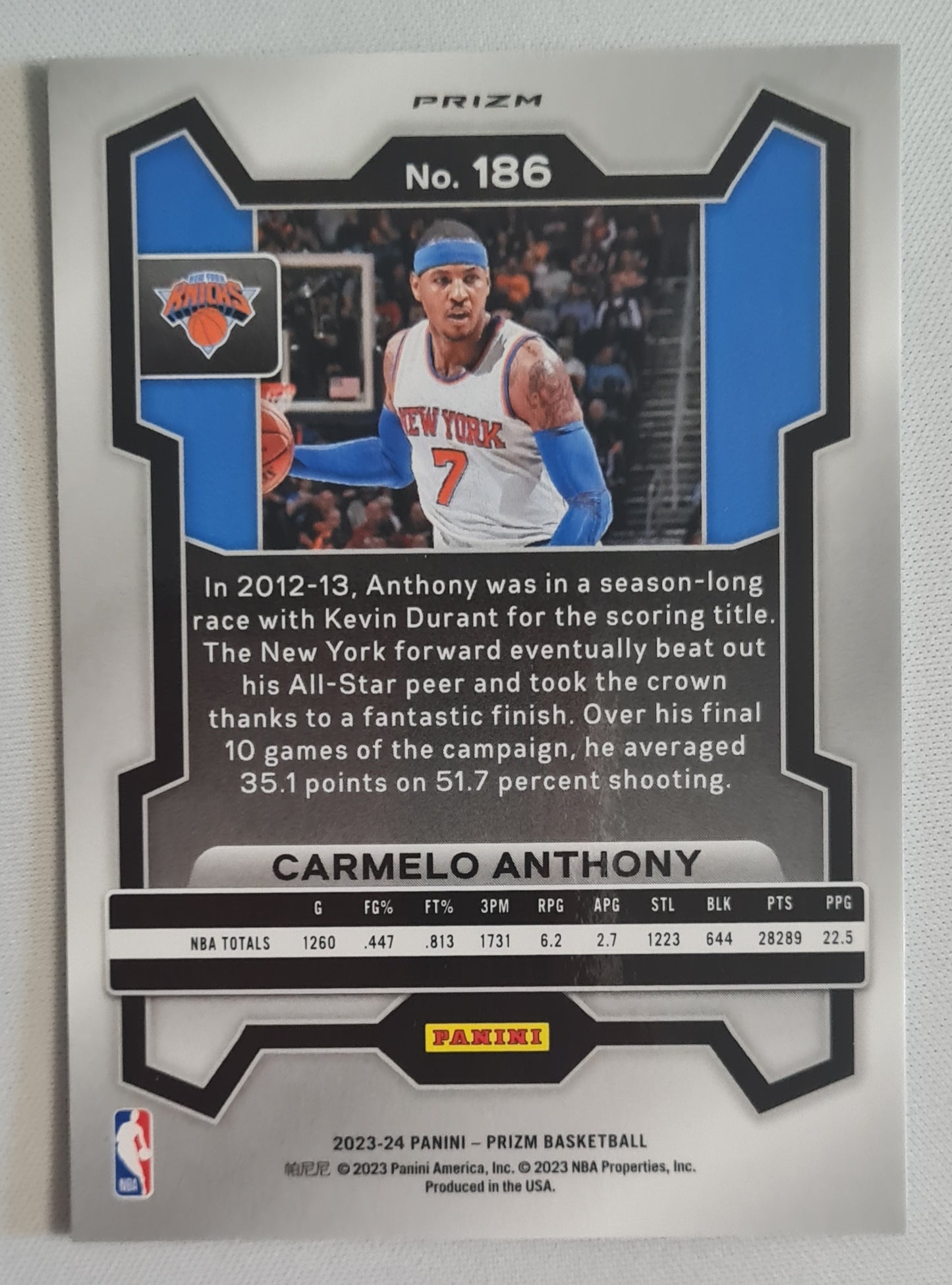 Carmelo Anthony - 2023/24 Panini Prizm Basketball NBA New York Knicks #186 Green Prizm