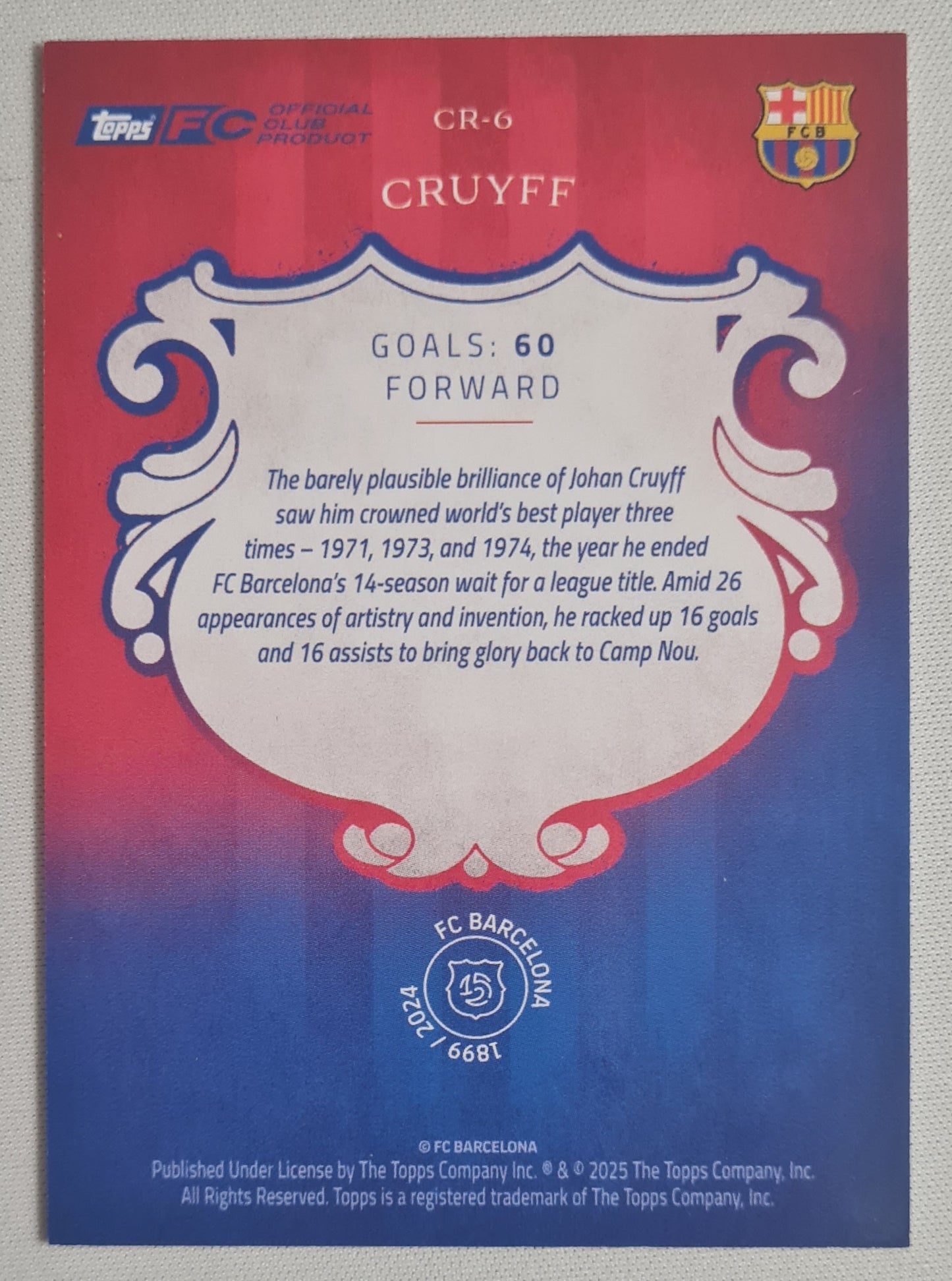 Johan Cruyff - 2025 Topps Barcelona 125 Anniversary Cream of the Crop /99 #CR-6 FC Barcelona