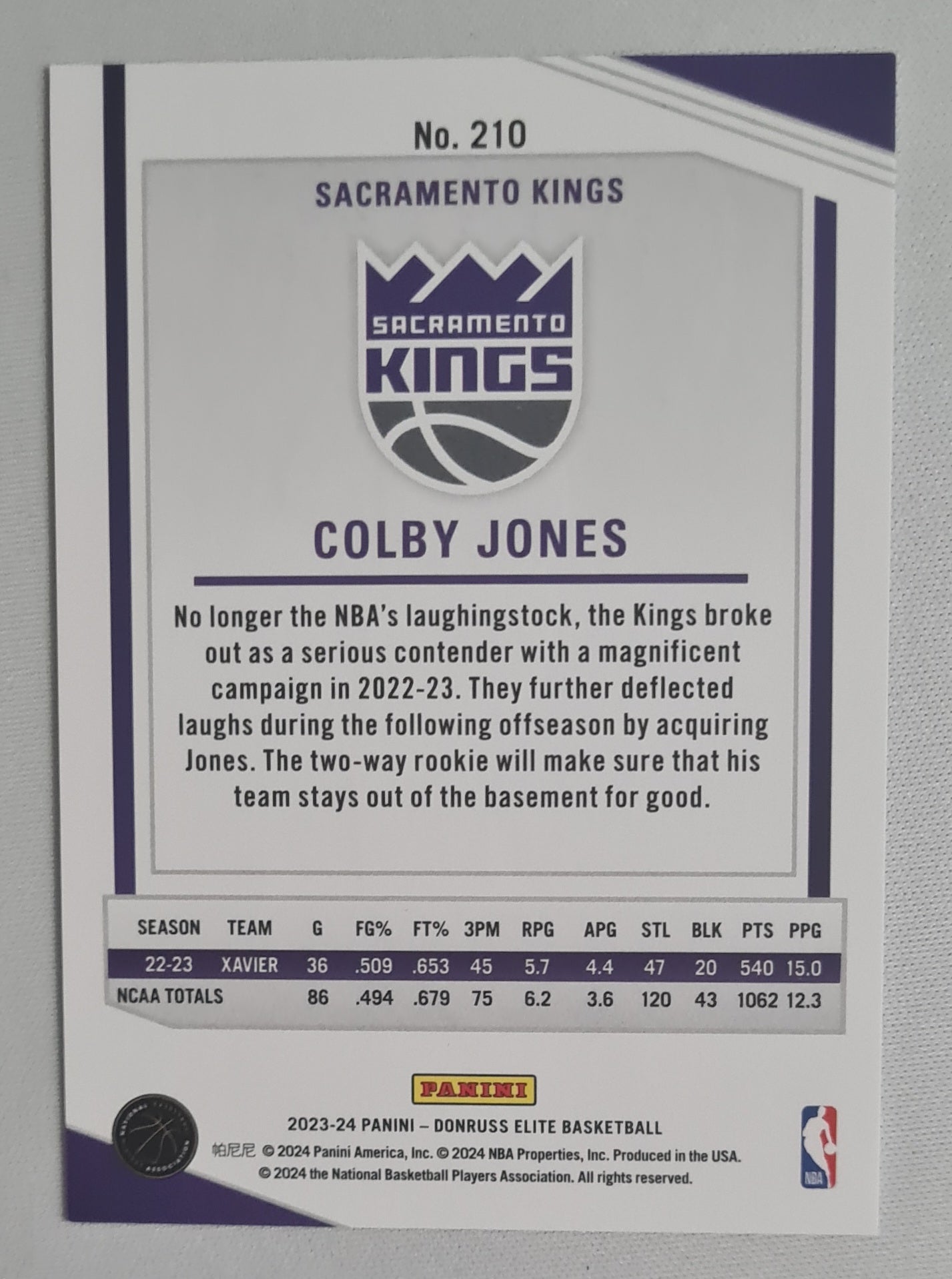 Colby Jones - 2023/24 Panini Donruss Elite /49 #210 Sacramento Kings