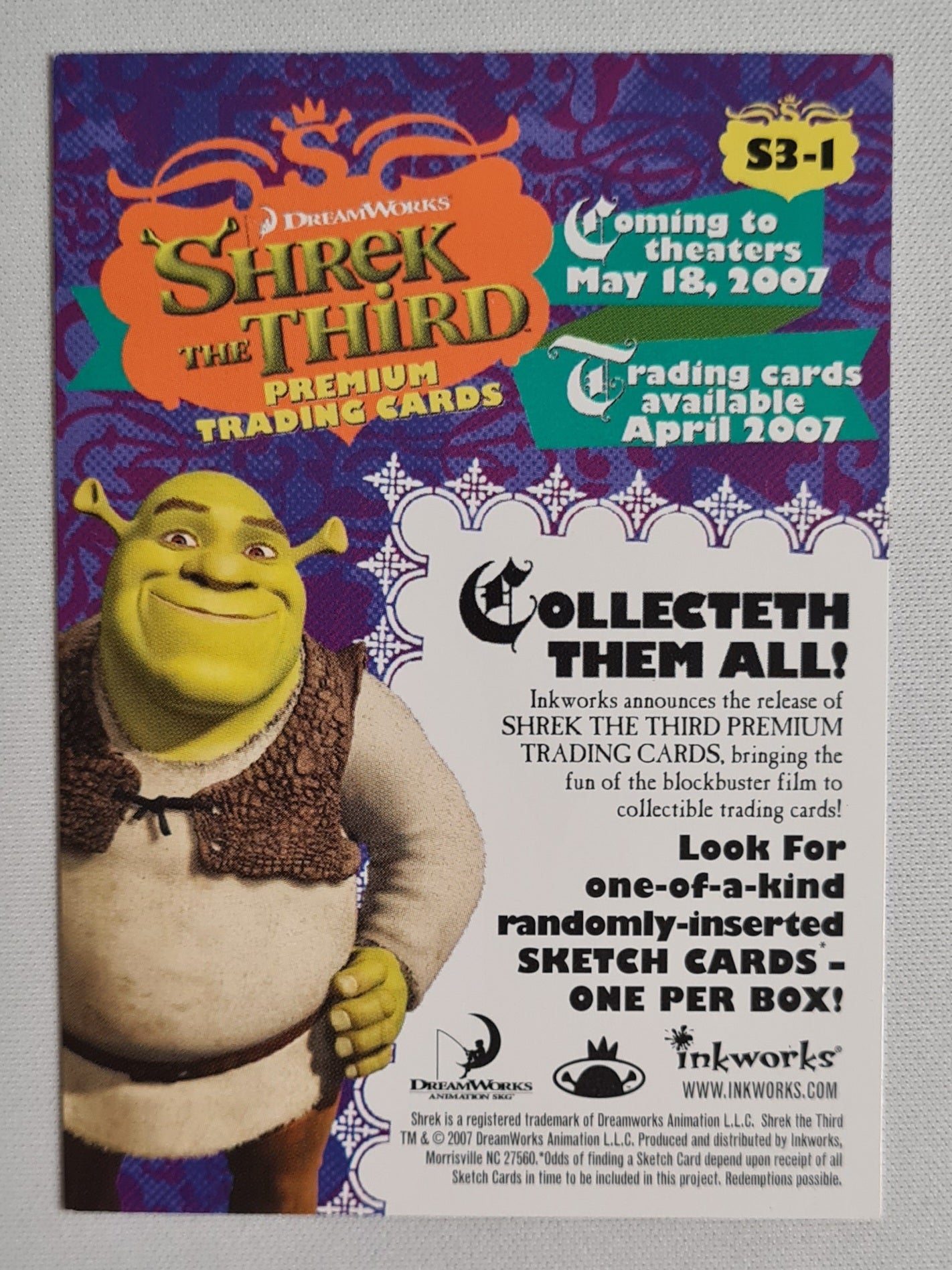 Shrek - 2007 DreamWorks Inkworks Shrek the Third Premium Trading Card #S3-1