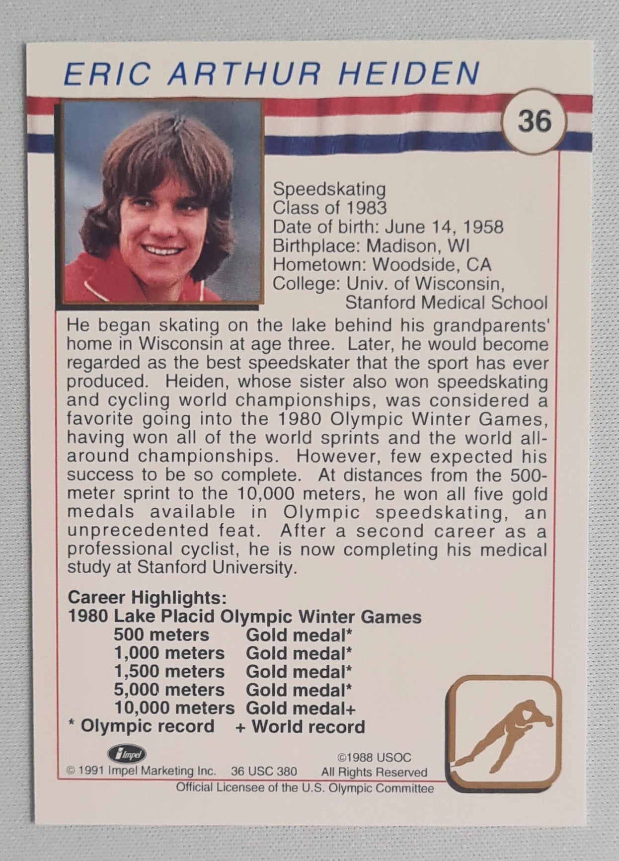 Eric Heiden - 1991 Impel Marketing USOC U.S. Olympic Committee #36 HOF