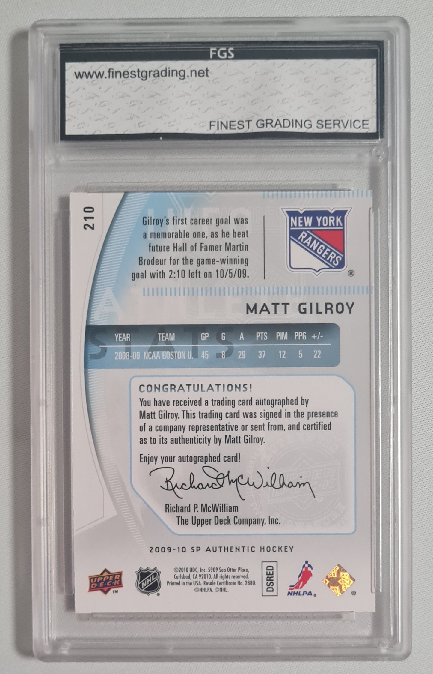 Matt Gilroy - 2009 SP Authentic "Future Watch" NHL New York Rangers /999 /Autograph FGS 10 GEM MINT